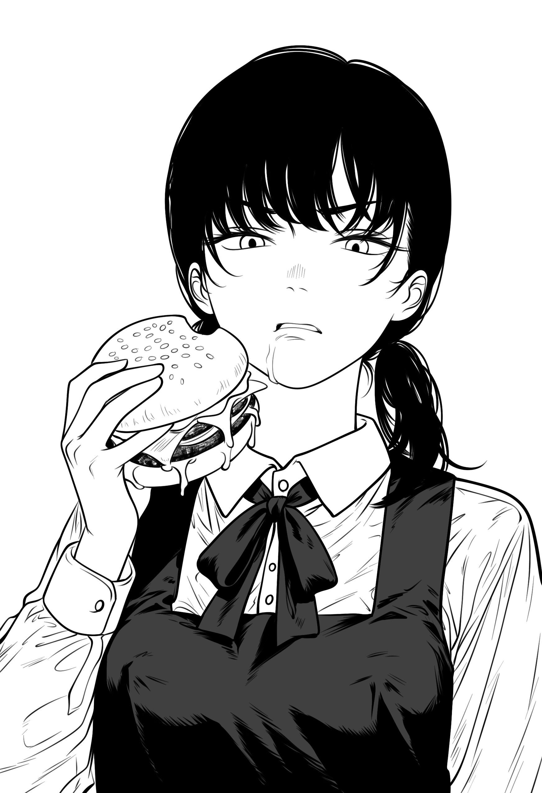 mordredpenx, mitaka asa, chainsaw man, 1girl, burger, cum, cum on food, dress, long sleeve shirt, looking at viewer, monochrome, pinafore dress, shirt, sleeveless, sleeveless dress, white shirt