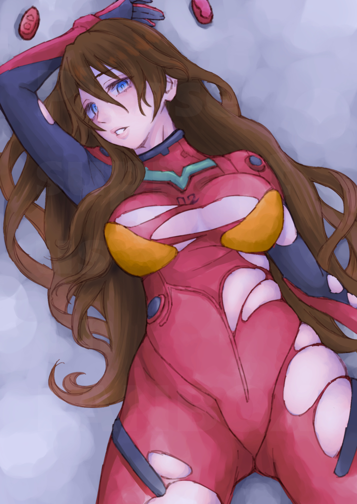 delarocha82, souryuu asuka langley, evangelion: 3.0+1.0 thrice upon a time, neon genesis evangelion, rebuild of evangelion, absurdres, highres, 1girl, alternate breast size (larger), alternate hair length, alternate hairstyle, blue eyes, blush, bodysuit, breasts, brown hair, cowboy shot, curvy, hair between eyes, hair down, interface headset (evangelion), large breasts, long hair, lying, mecha pilot suit, on back, open mouth, parted lips, plugsuit (evangelion), red bodysuit, shiny clothes, simple background, smile, solo, torn bodysuit, torn clothes, white background, wide hips