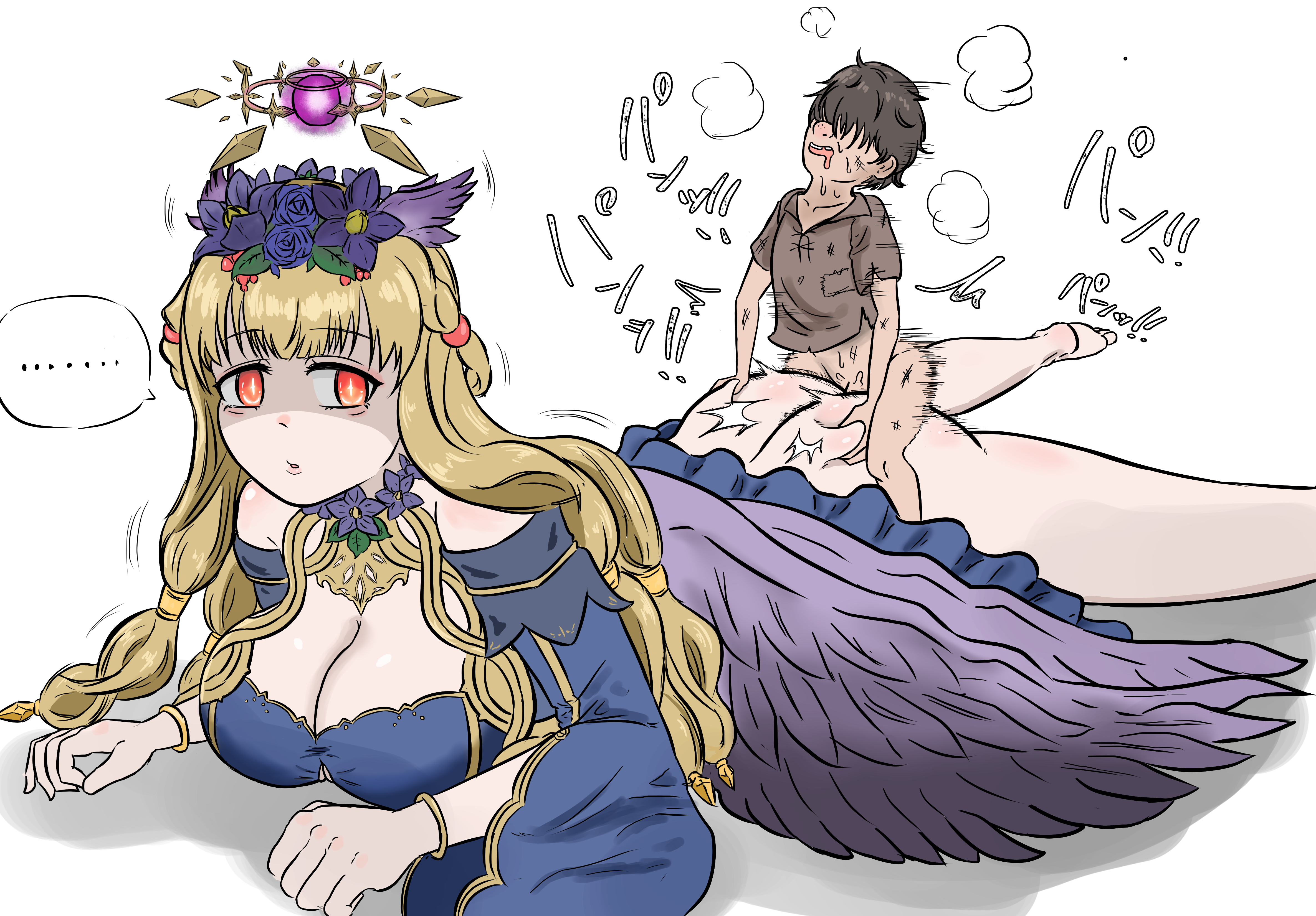 chaos therese g (grimms notes), grimms notes, 1boy, 1girl, ass, bottomless, breasts, giant, giantess, halo, hetero, icwixw8r2yklop0, large breasts, nipples, purple wings, red eyes, sex, shaded face, wings