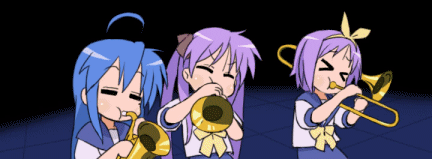 hiiragi kagami, hiiragi tsukasa, izumi konata, lucky star, animated, animated gif, lowres, 00s, 3girls, blue hair, closed eyes, hair ribbon, hairband, instrument, long hair, mole, mole under eye, multiple girls, purple hair, saxophone, school uniform, short hair, sisters, standing, trombone, trumpet, twins, twintails, upper body