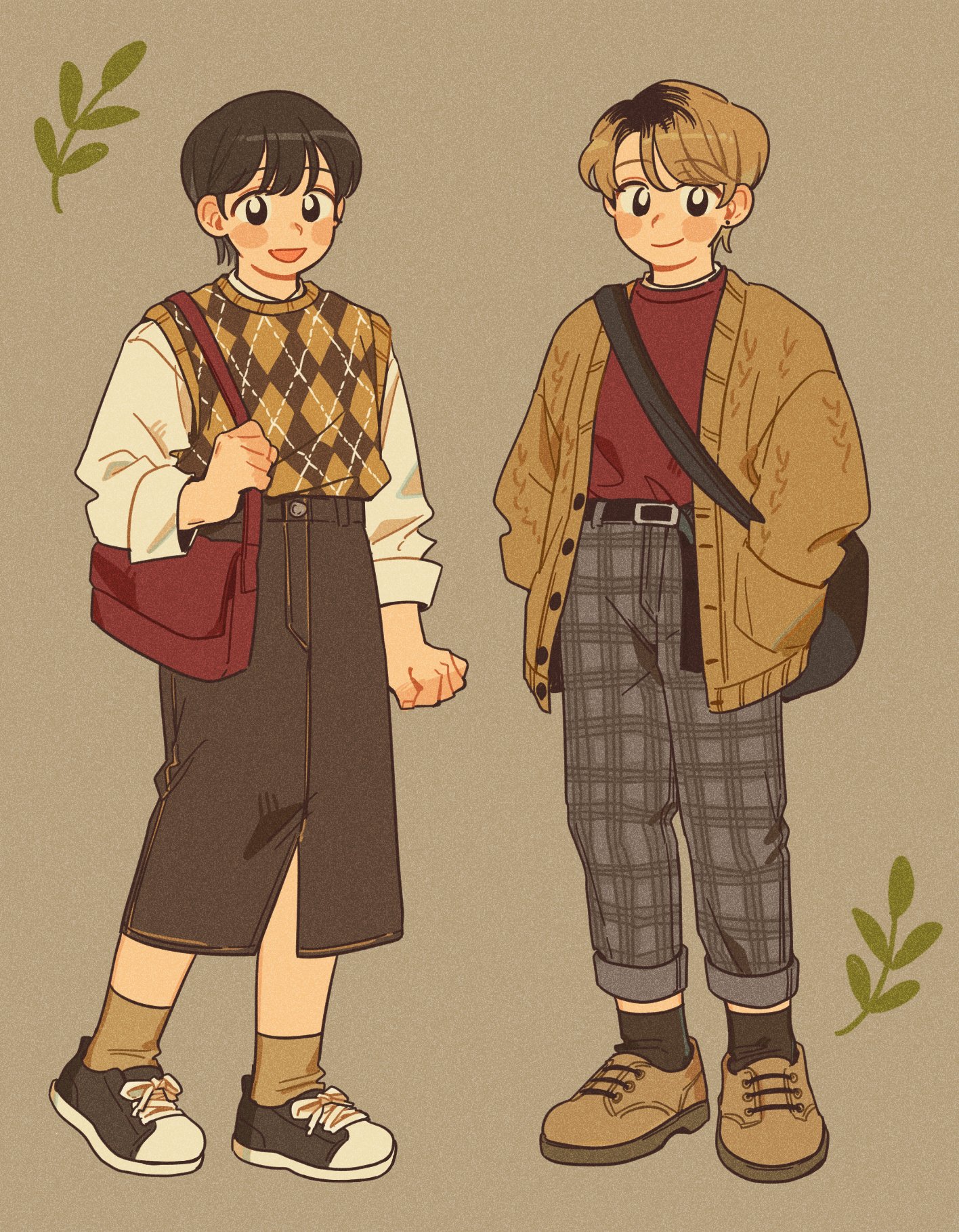 sihyun25, original, commentary request, highres, korean commentary, 2girls, argyle clothes, argyle sweater vest, bag, black bag, black eyes, black hair, black shoes, black skirt, black socks, blush, brown cardigan, brown hair, brown shoes, brown socks, brown sweater vest, cardigan, closed mouth, denim, denim skirt, ear piercing, grey pants, handbag, hands in pockets, long skirt, looking at viewer, multicolored hair, multiple girls, open cardigan, open clothes, open mouth, pants, piercing, red bag, roots (hair), shoes, short hair, skirt, smile, socks, sweater vest