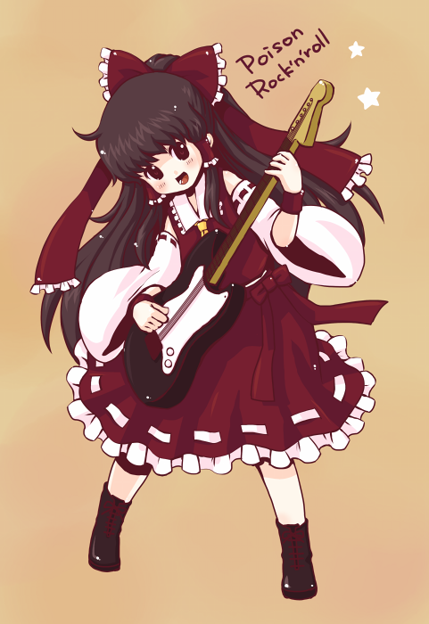 yukiu con, hakurei reimu, touhou, 1girl, boots, bow, brown eyes, brown hair, detached sleeves, electric guitar, female focus, fender stratocaster, full body, guitar, hair bow, instrument, japanese clothes, long hair, miko, simple background, solo