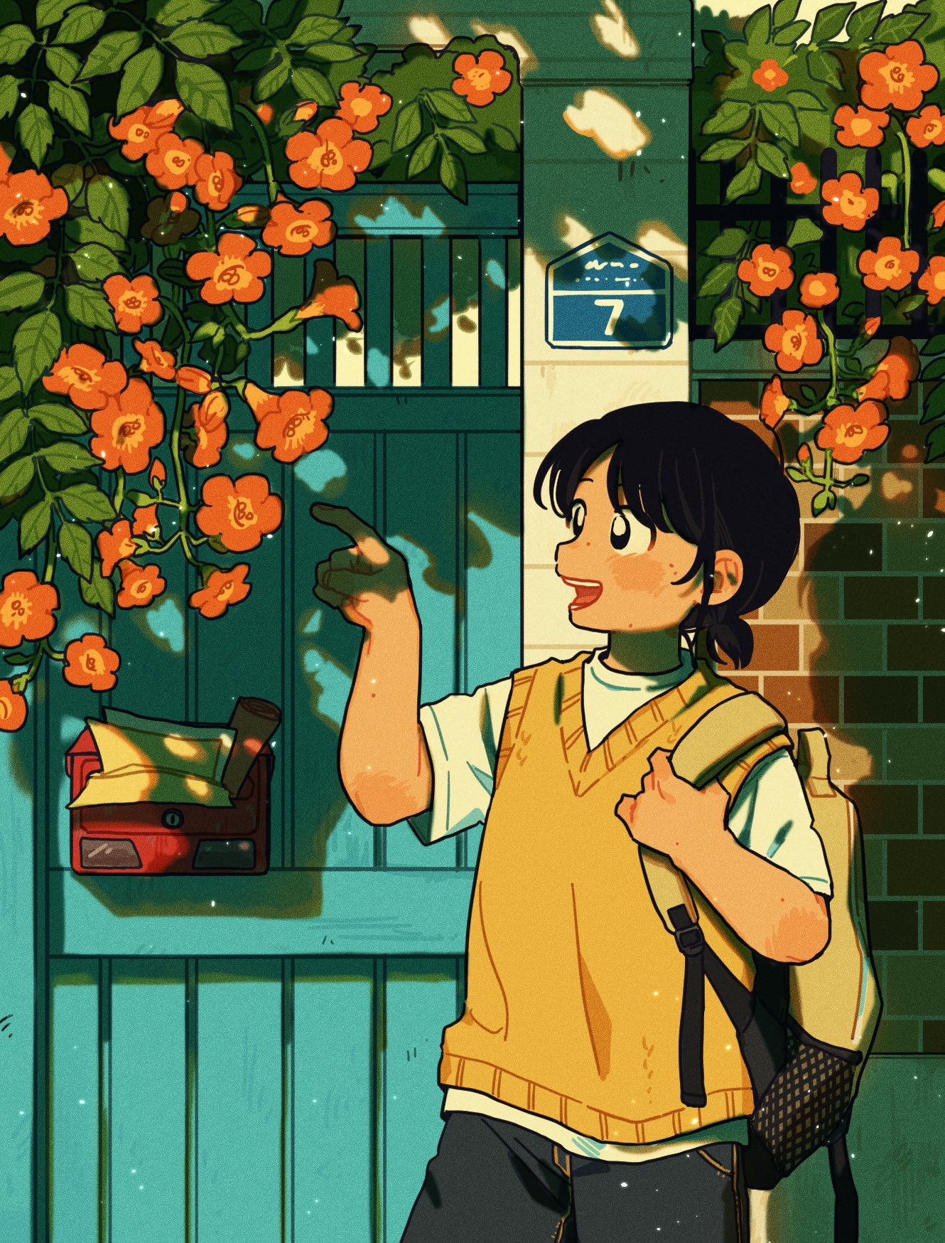 sihyun25, commentary request, highres, korean commentary, 1girl, backpack, bag, black eyes, black hair, bright pupils, brown sweater vest, day, flower, low ponytail, mailbox (incoming mail), open mouth, outdoors, ponytail, school uniform, shirt, short hair, short ponytail, solo, sweater vest, teeth, tongue, white pupils, white shirt