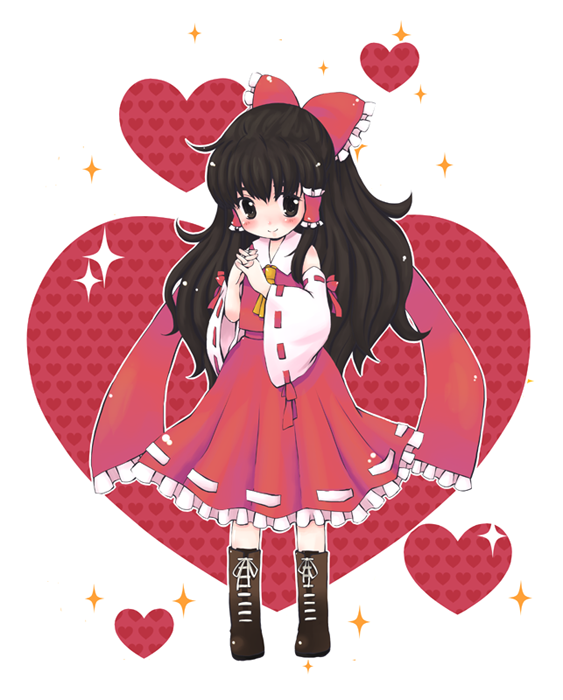 yukiu con, hakurei reimu, touhou, 1girl, boots, bow, brown eyes, brown hair, detached sleeves, female focus, full body, hair bow, hair ribbon, heart, japanese clothes, knee boots, long hair, miko, ribbon, simple background, solo, standing