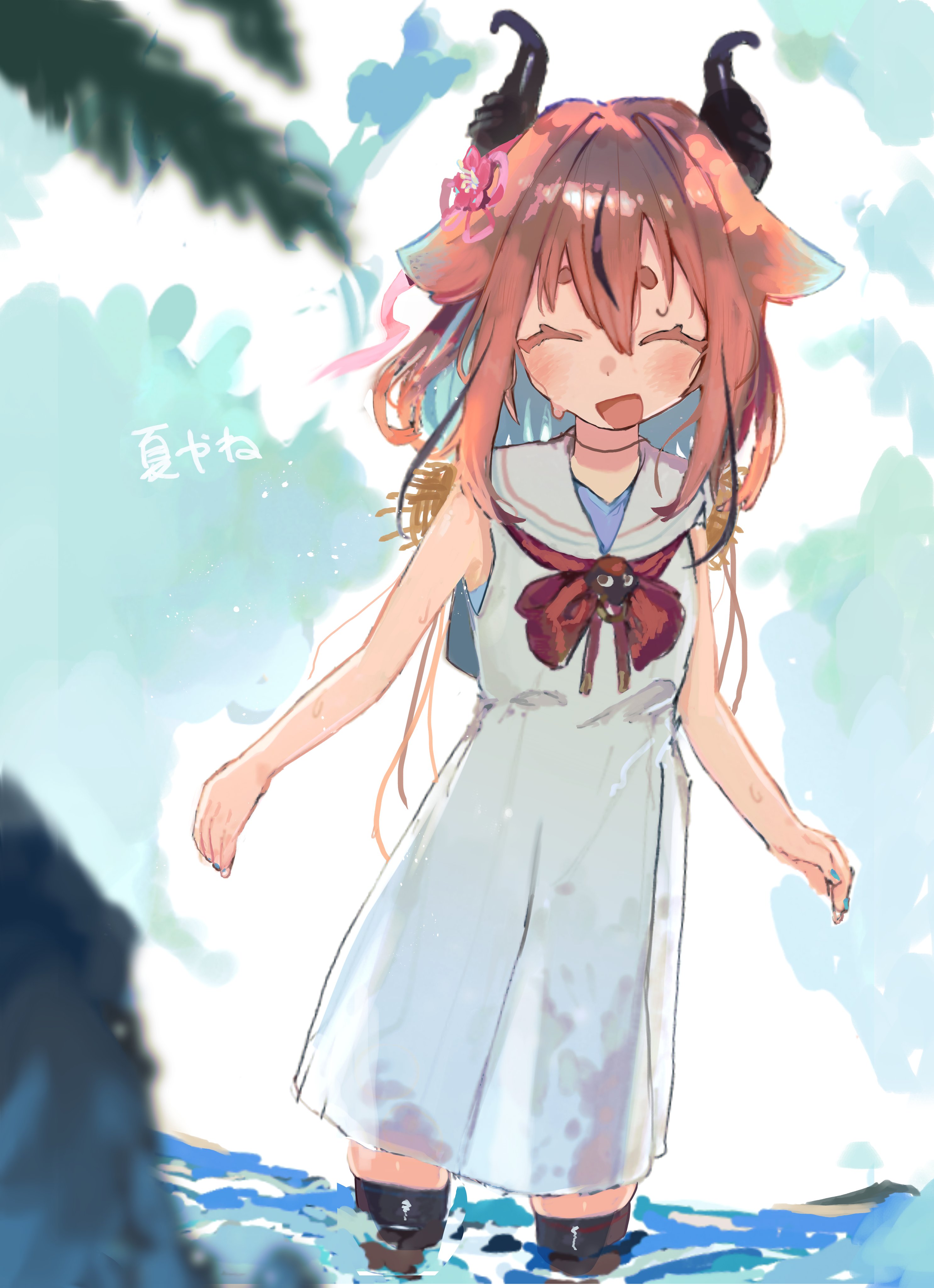 sabiaji (gama ou), meika hime, gynoid talk, vocaloid, absurdres, commentary request, highres, 1other, backlighting, black horns, black streaks, black thighhighs, blue hair, blue nails, blurry, blurry foreground, blush, bow, bowtie, brooch, closed eyes, colored eyelashes, colored inner hair, cowboy shot, dress, flower, hair between eyes, hair flower, hair intakes, hair ornament, hat, hat on back, horns, jewelry, medium hair, multicolored hair, nail polish, ocean, open mouth, pink hair, red bow, red bowtie, sailor collar, short eyebrows, sketch, skindentation, sky, sleeveless, sleeveless dress, smile, solo, straw hat, streaked hair, summer, thick eyebrows, thighhighs, wading, water, wet, white dress, white sailor collar