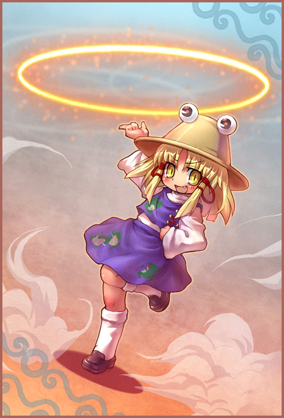 sankuma, moriya suwako, touhou, 1girl, blonde hair, fang, female focus, hat, moriya's iron rings, solo, yellow eyes