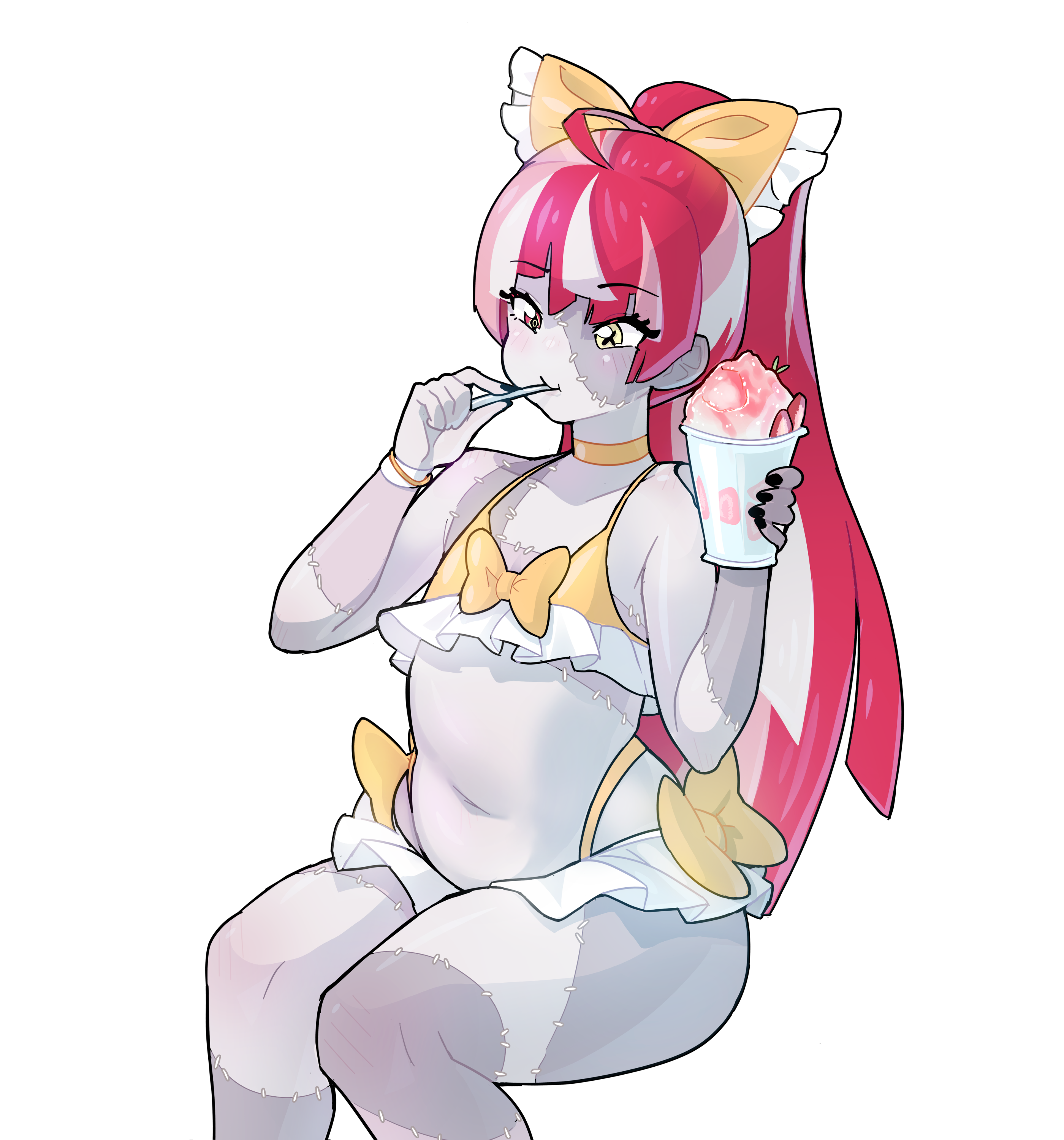 morningpanda, kureiji ollie, hololive, hololive indonesia, absurdres, alpha transparency, commentary, english commentary, highres, 1girl, ahoge, bikini, blush, bow, choker, closed mouth, colored skin, eating, food, grey skin, hair bow, holding, holding food, knee blush, long hair, multicolored hair, navel, parfait, patchwork skin, pink hair, ponytail, red eyes, red hair, sitting, solo, stitched arm, stitched face, stitched leg, stitches, swimsuit, thick thighs, thighs, transparent background, virtual youtuber, yellow bikini, yellow bow, yellow choker, yellow eyes