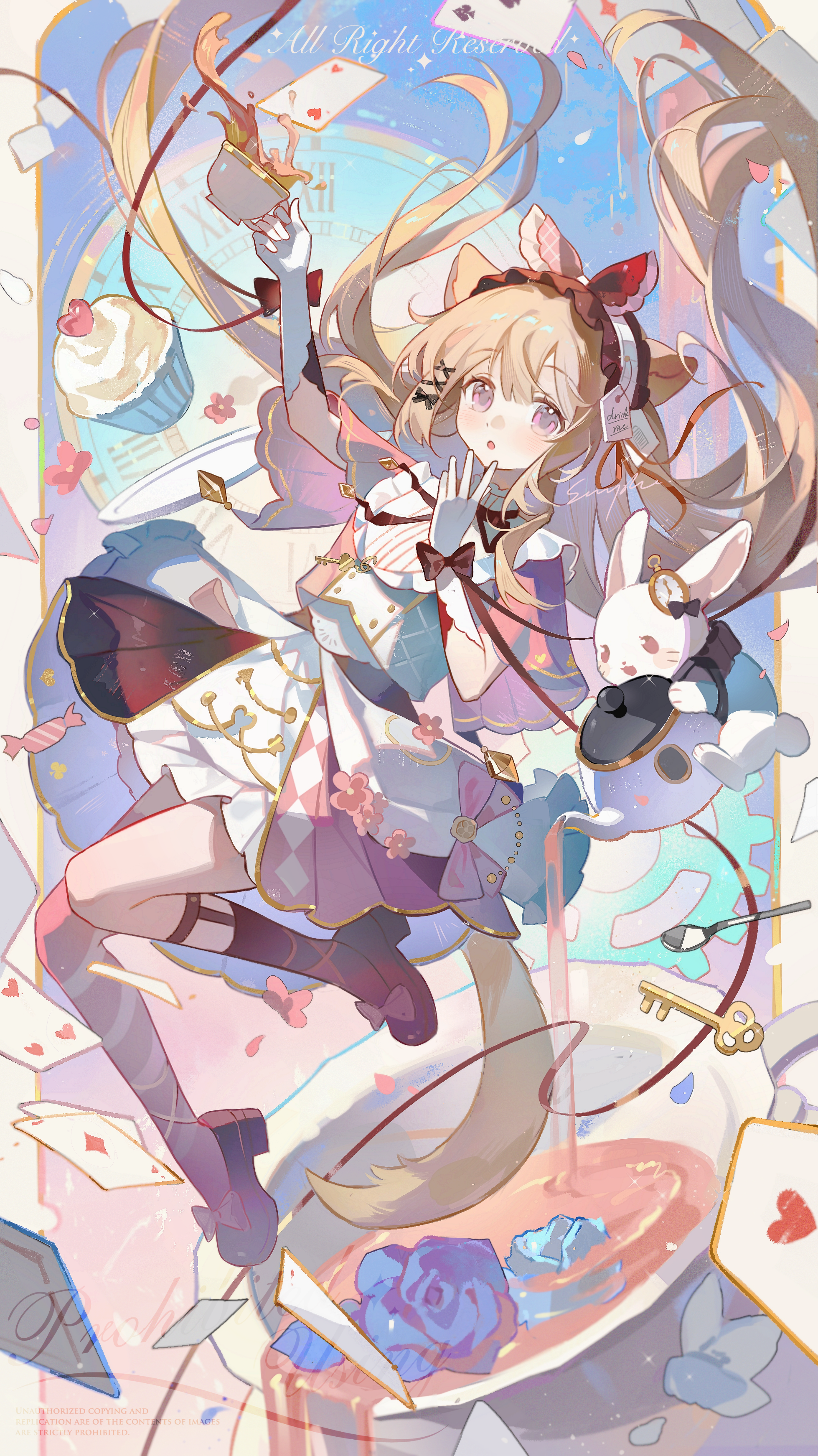 original, absurdres, highres, 1girl, :o, asymmetrical legwear, black socks, blonde hair, blush, bow hairband, brown shoes, brown thighhighs, card, cup, cupcake, double-parted bangs, floating hair, food, full body, glove bow, gloves, hairband, hand up, key, legwear garter, long hair, open mouth, pink skirt, playing card, pleated skirt, purple eyes, shirt, shoes, short sleeves, skirt, socks, solo, spoon, striped clothes, striped thighhighs, tea, teacup, thighhighs, uneven legwear, white gloves, white hairband, white shirt, yi kuai cha suyou