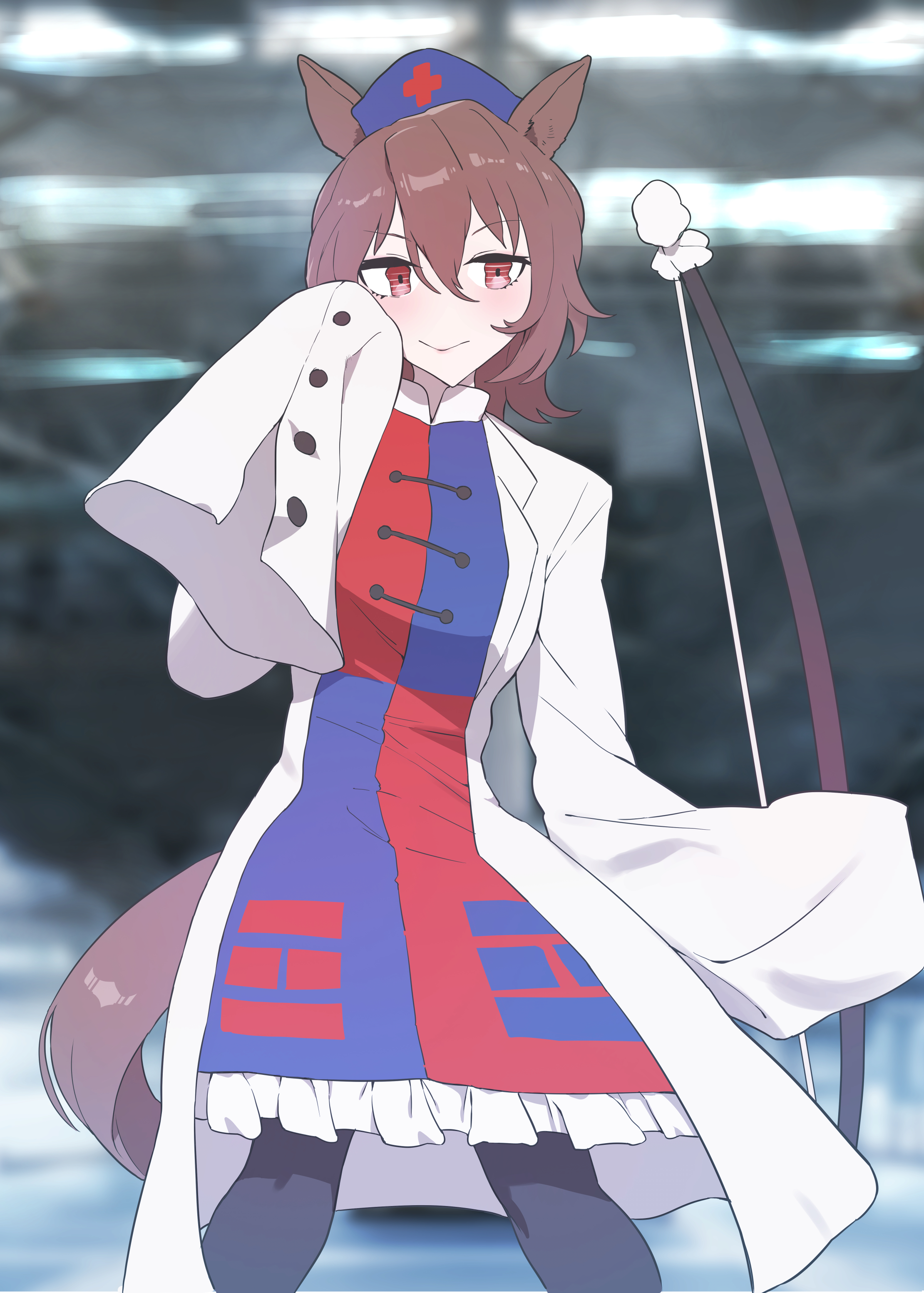 senmura, agnes tachyon (umamusume), yagokoro eirin, touhou, umamusume, absurdres, commentary request, highres, 1girl, animal ears, black pantyhose, blue dress, bow (weapon), brown hair, buttons, closed mouth, coat, cosplay, cowboy shot, dress, hair between eyes, hand up, horse ears, horse girl, horse tail, lab coat, long sleeves, medium hair, pantyhose, red dress, sleeves past fingers, sleeves past wrists, smile, solo, tail, trigram, two-tone dress, v-shaped eyebrows, weapon, white coat, yagokoro eirin (cosplay)