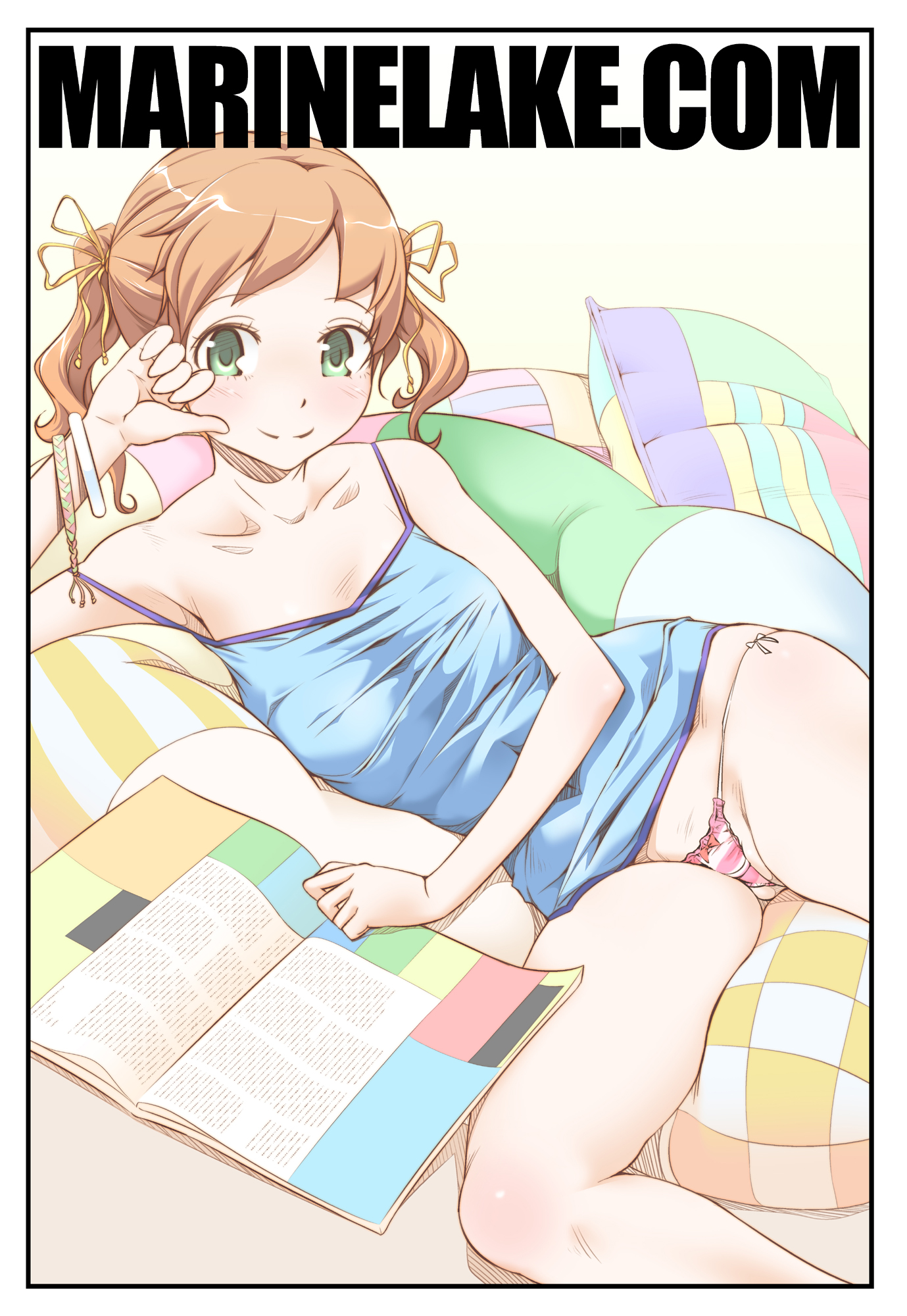 aoba sachi, original, highres, bracelet, brown hair, camisole, green eyes, jewelry, magazine (object), panties, short hair, side-tie panties, solo, strap slip, striped clothes, striped panties, twintails, underwear