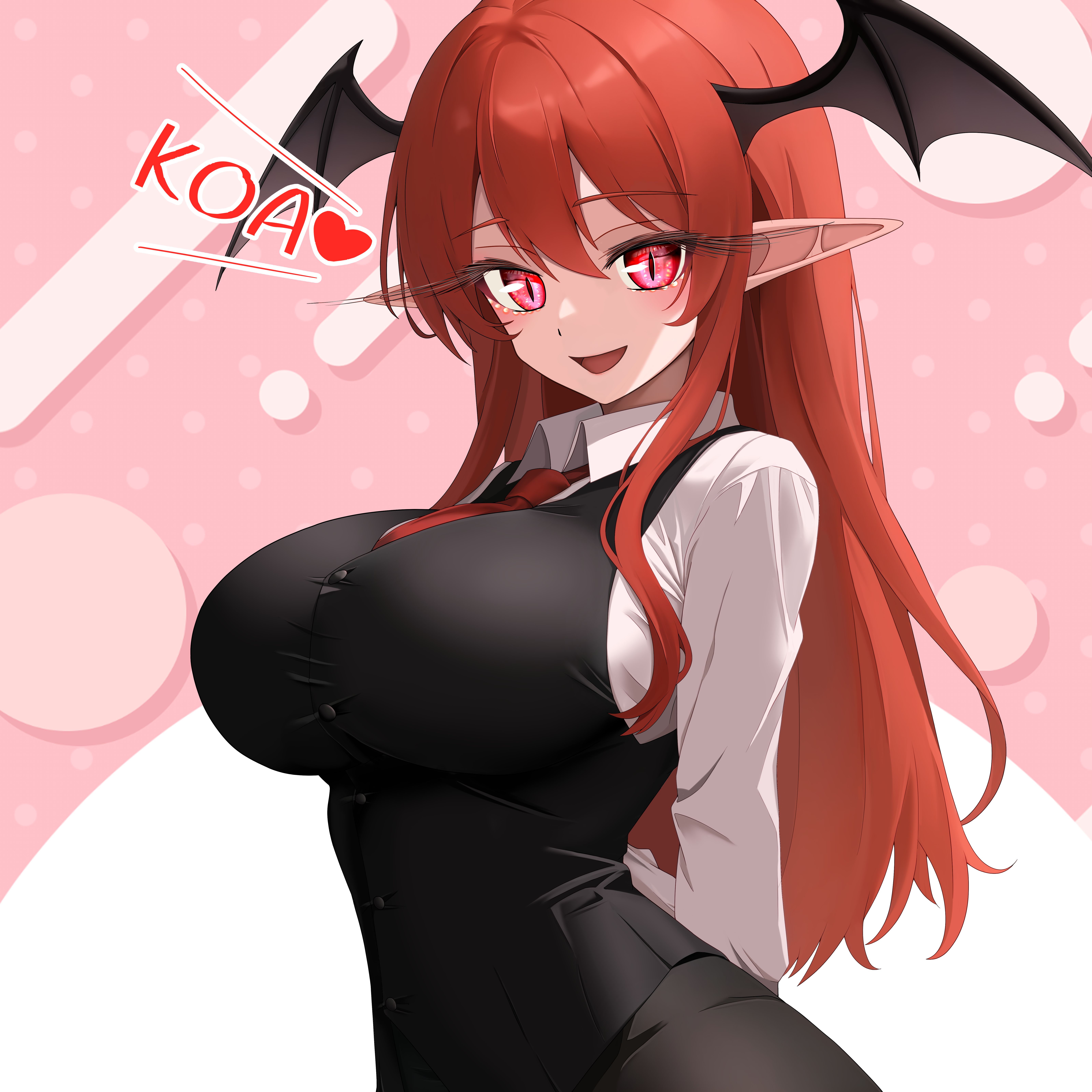 sugar you, koakuma, touhou, absurdres, commentary request, highres, 1girl, :d, arms behind back, black pants, black vest, blush, breasts, buttons, collared shirt, double-parted bangs, hair between eyes, head wings, koa (phrase), large breasts, long eyelashes, long hair, long pointy ears, long sidelocks, long sleeves, looking at viewer, necktie, open mouth, pants, pink background, pointy ears, red eyes, red hair, red necktie, shirt, sidelocks, smile, solo, tight clothes, upper body, vest, white shirt, wing collar, wings