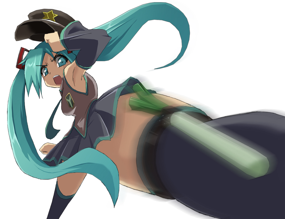 van-s, hatsune miku, vocaloid, 1girl, angry, aqua eyes, aqua hair, female focus, foreshortening, hat, kicking, long hair, motion blur, necktie, open mouth, skirt, solo, spring onion, thighhighs, twintails
