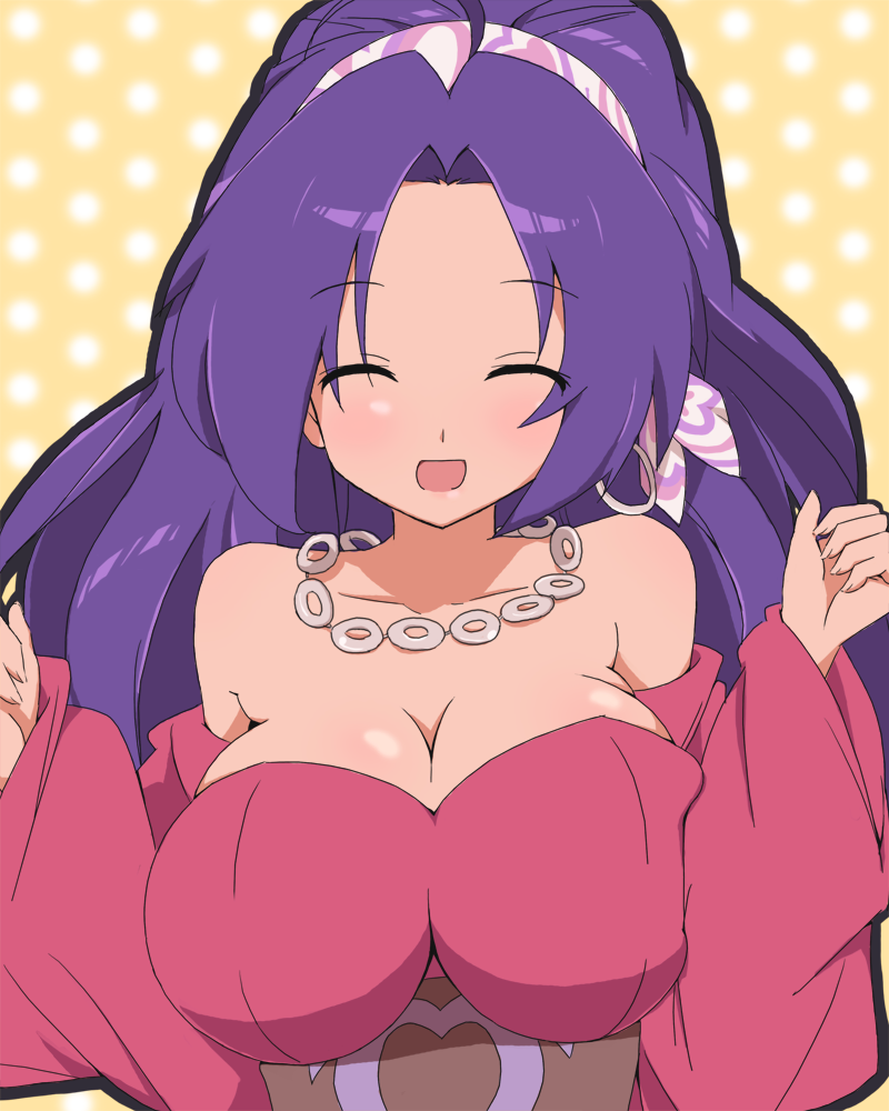 van-s, miura azusa, idolmaster, idolmaster (classic), 00s, bare shoulders, blush, breasts, cleavage, closed eyes, large breasts, long hair, purple hair, smile, solo
