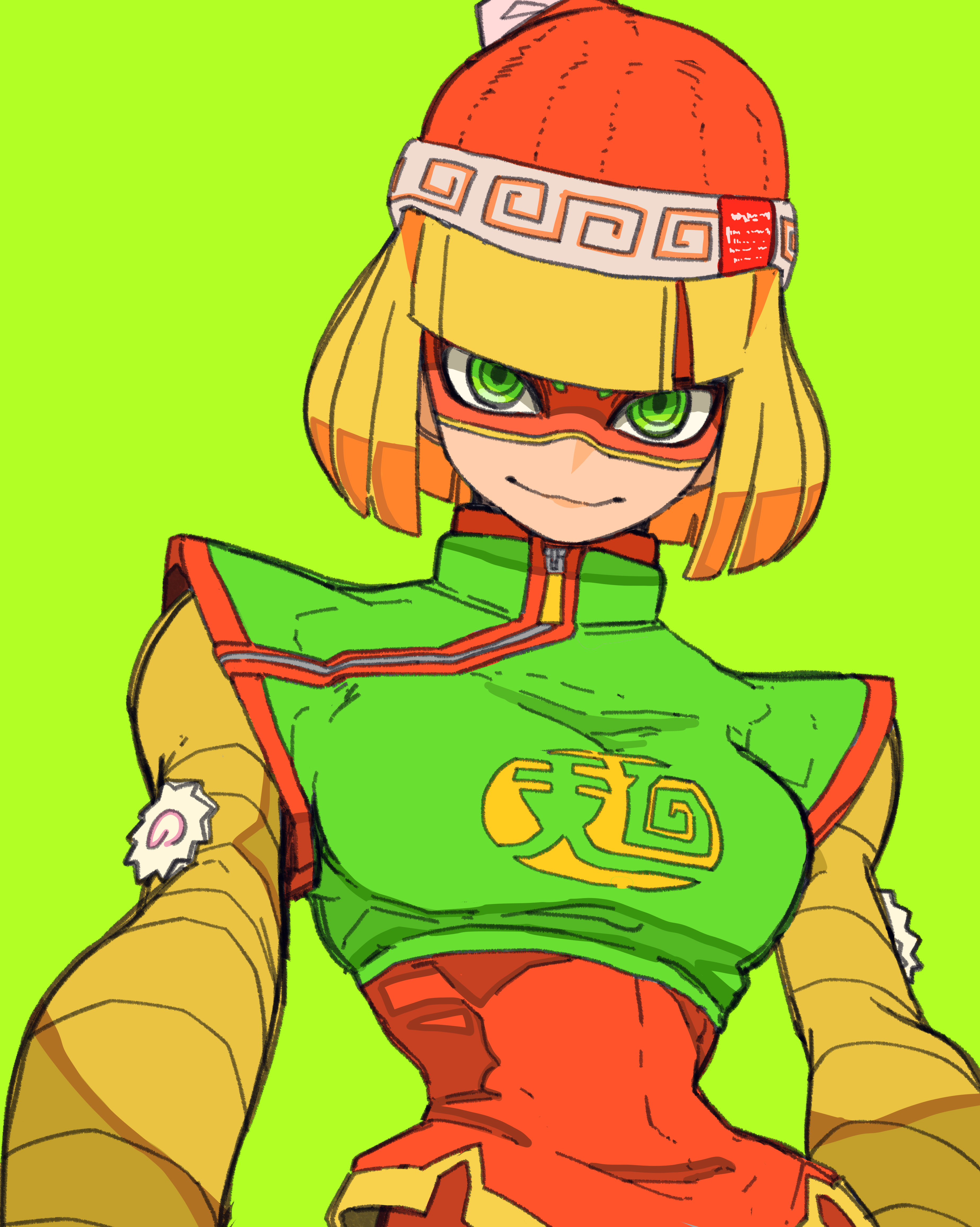 bone nigi, min min (arms), arms (game), absurdres, highres, 1girl, beanie, blonde hair, breasts, chinese clothes, domino mask, eye mask, food, green eyes, hat, kamaboko, knit hat, looking at viewer, mask, meandros, narutomaki, noodles, short hair, simple background, smile, solo