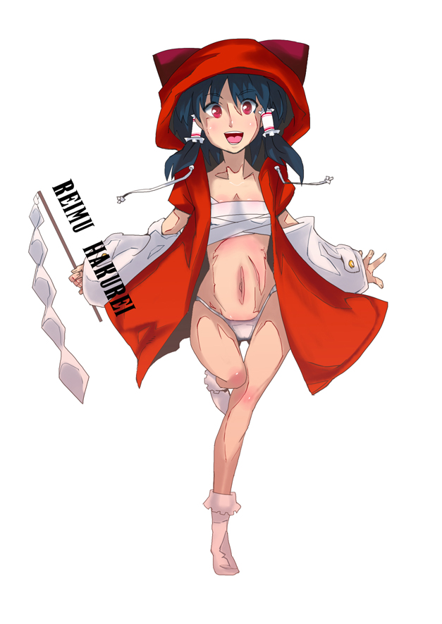 muck (artist), hakurei reimu, taokaka, arc system works, blazblue, touhou, bad id, bad pixiv id, 1girl, animal hood, black hair, bow, cat hood, character name, cosplay, detached sleeves, female focus, full body, gohei, hair bow, hood, hoodie, japanese clothes, miko, panties, red eyes, sarashi, short hair, socks, solo, taokaka (cosplay), underwear, white background