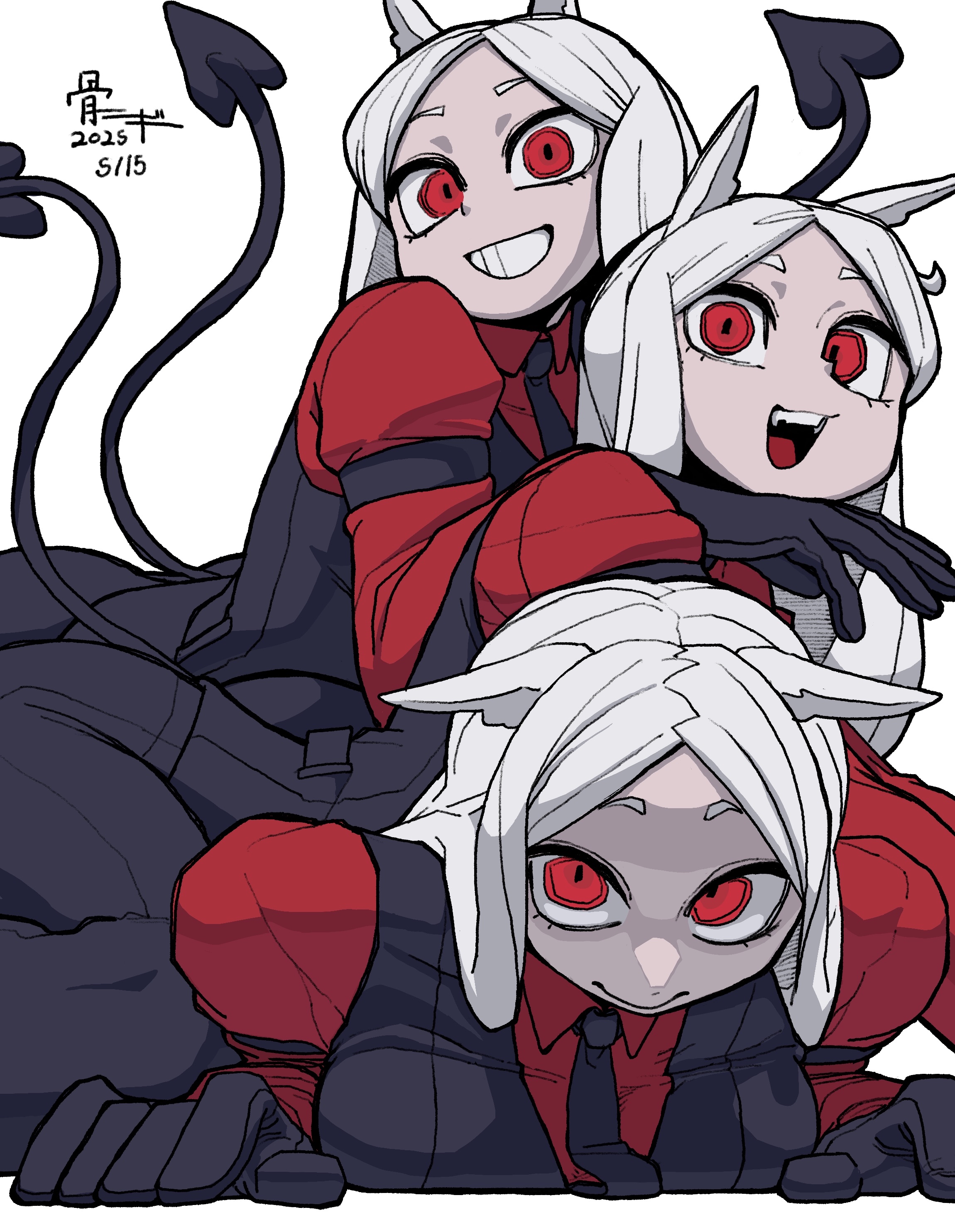 bone nigi, cerberus (helltaker), helltaker, absurdres, highres, 3girls, :d, animal ears, black gloves, black necktie, black pants, black vest, dated, demon tail, dog ears, dog girl, gloves, grin, long hair, long sleeves, looking at viewer, multiple girls, necktie, open mouth, pants, parted bangs, red eyes, red shirt, shirt, siblings, simple background, sisters, smile, tail, teeth, triplets, upper teeth only, vest, white background, white hair, wing collar