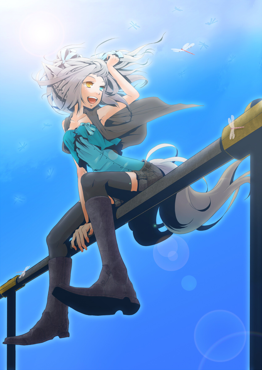 plastick, original, bad id, bad pixiv id, highres, animal ears, armpits, bug, dragonfly, grey hair, heterochromia, insect, legs, open mouth, sitting, solo, tail, thighhighs
