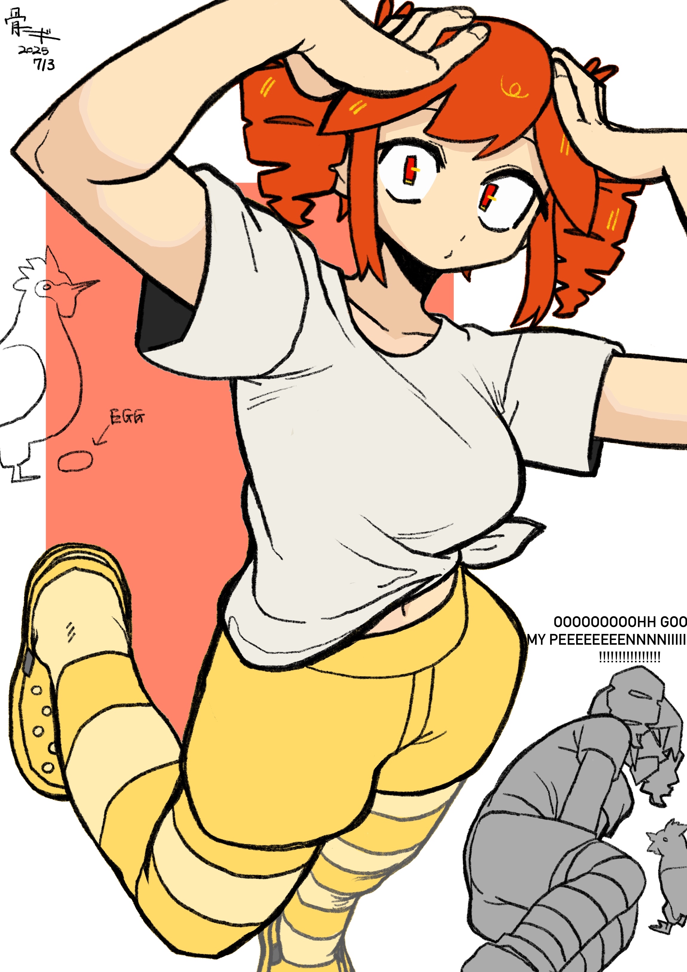 bone nigi, kasane teto, birdbrain (synthesizer v), utau, absurdres, commentary request, highres, 1girl, :3, arms up, artist name, bird, breasts, chicken, crocs, dated, drill hair, egg, english text, hands on own head, implied futanari, medium breasts, navel, pantyhose, red hair, sandals, shirt, short hair, short sleeves, shorts, solo, twin drills, twitter username, white shirt, yellow pantyhose, yellow sandals, yellow shorts