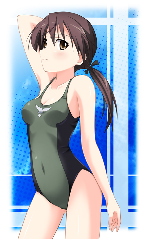 hyokkori tamago, gertrud barkhorn, strike witches, world witches series, 00s, 1girl, brown eyes, brown hair, female focus, one-piece swimsuit, ponytail, solo, swimsuit