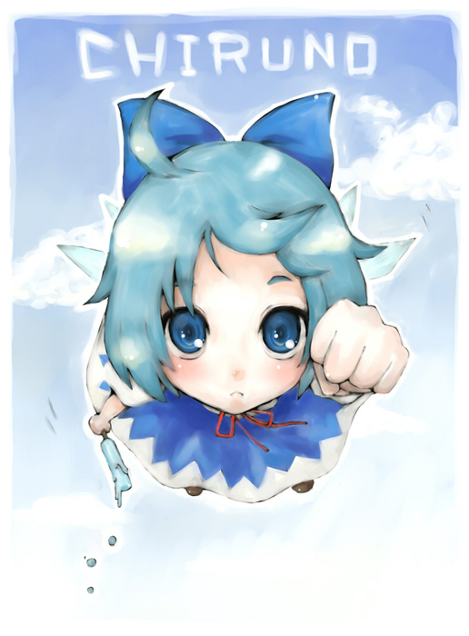 yukiu con, cirno, embodiment of scarlet devil, touhou, blue eyes, blue hair, bow, food, hair bow, popsicle, short hair, solo, wings