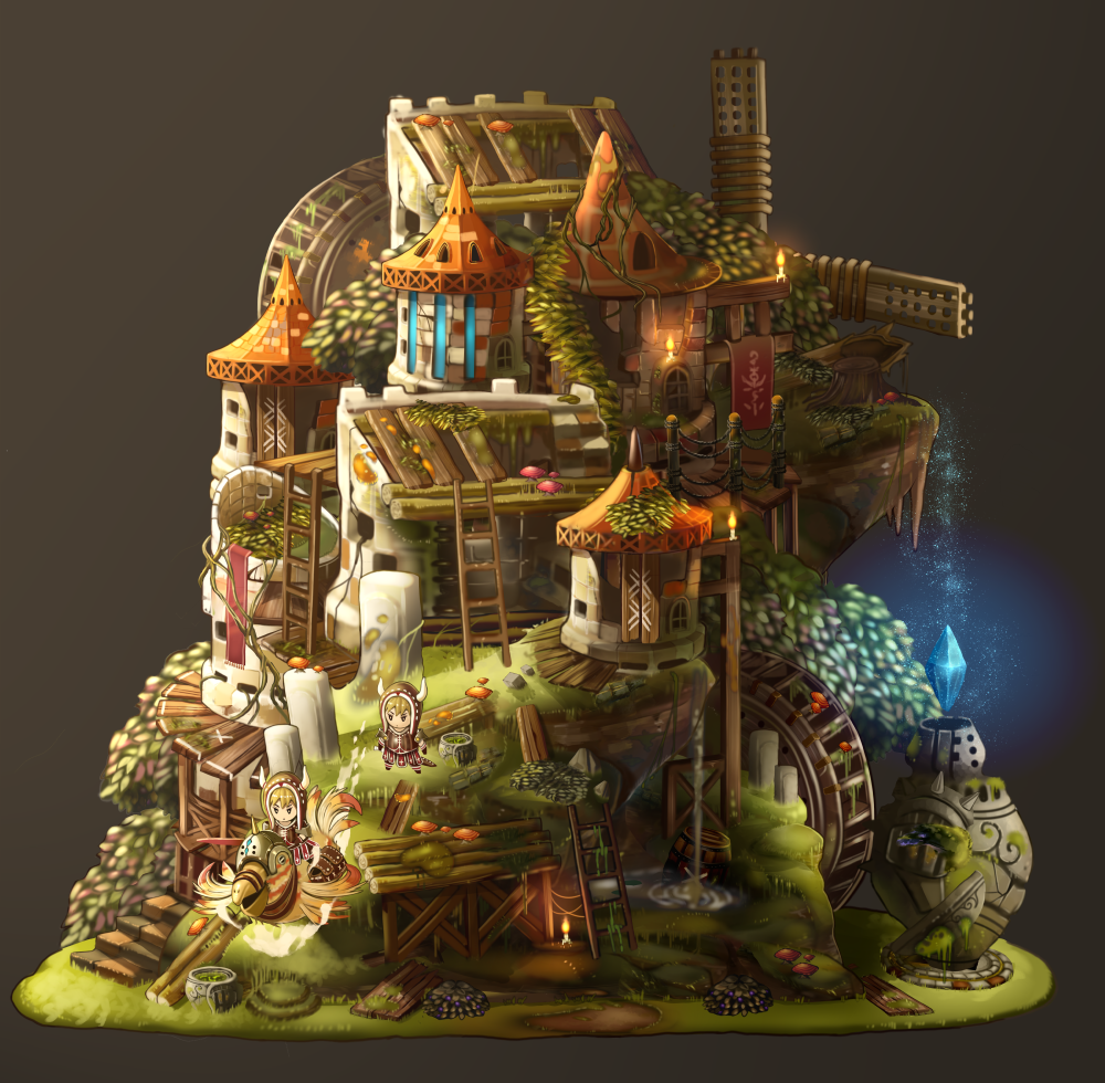 apokarihardcore, original, commentary request, 2boys, architecture, armor, beanie, black eyes, black pantyhose, blonde hair, brown hat, brown tunic, candle, closed mouth, crystal, dragon horns, dragon tail, earflap beanie, fire, frown, grey background, hat, horns, horns through headwear, medium skirt, moss, multiple boys, mushroom, pantyhose, pauldrons, piloting, red shoes, red skirt, ribbon-trimmed headwear, ribbon trim, shoes, short hair, shoulder armor, skirt, smoke, stairs, tail, tower, tunic, v-shaped eyebrows, v-shaped eyes, white horns, windmill