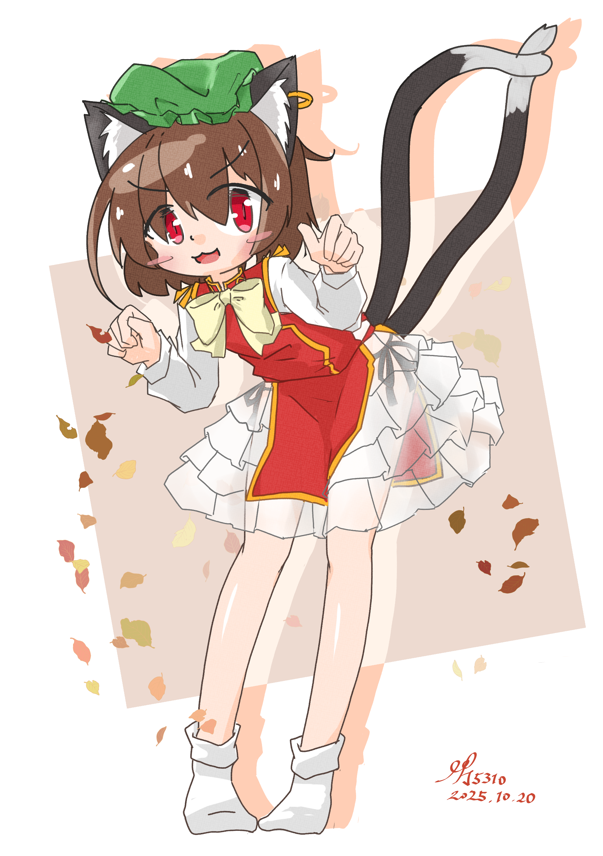 chen, touhou, absurdres, commentary request, highres, 1girl, animal ears, blush stickers, bow, bowtie, brown hair, cat ears, cat girl, cat tail, dated, earrings, falling leaves, frilled skirt, frills, full body, green hat, hat, jewelry, leaf, looking at viewer, multiple tails, panties, paw pose, red eyes, red vest, see-through clothes, see-through skirt, short hair, side-tie panties, side-tie peek, signature, single earring, skirt, socks, solo, standing, tail, tail raised, two tails, underwear, vest, yellow bow, yellow bowtie, yufuzuki 5310