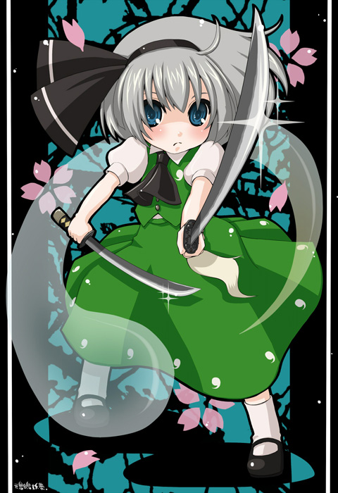 yukiu con, konpaku youmu, konpaku youmu (ghost), touhou, silver hair, 1girl, blue eyes, dual wielding, female focus, flower, full body, ghost, hairband, holding, katana, mary janes, plant, shoes, short hair, skirt, solo, sword, tanto, weapon