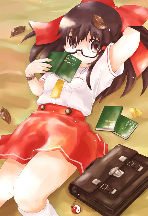 yukiu con, hakurei reimu, touhou, 1girl, alternate costume, bag, bespectacled, book, bow, brown eyes, brown hair, charm (object), female focus, glasses, hair bow, leaf, lying, school bag, school uniform, short hair, skirt, solo, yin yang