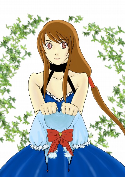 dorothy gale, dorothy gale (riz-zoawd), media.vision, riz-zoawd, the wizard of oz, artist request, 1girl, 2009, artist name, blue dress, bow, bowtie, brown eyes, brown hair, dress, female focus, long hair, long skirt, looking at viewer, skirt