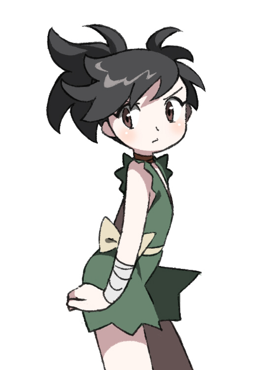 tanba (tanba-art), dororo (character), dororo (tezuka), commentary request, 1girl, black hair, brown eyes, closed mouth, cowboy shot, japanese clothes, looking at viewer, ponytail, reverse trap, short hair, simple background, solo, standing, torn clothes, torn sleeves, white background