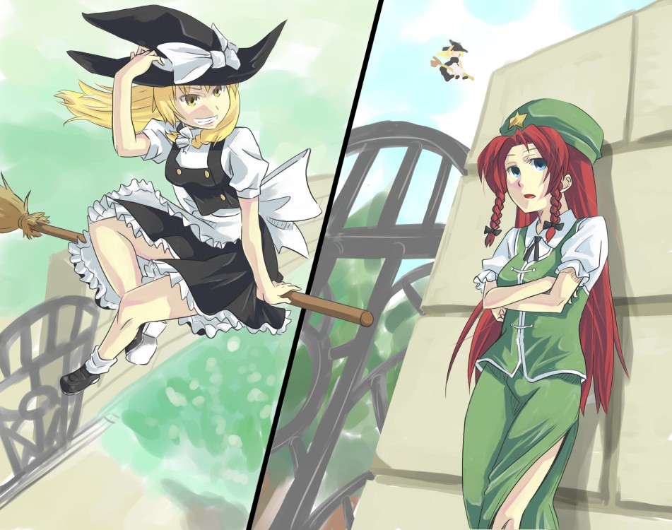 kimura daiyon, hong meiling, kirisame marisa, embodiment of scarlet devil, touhou, 2girls, blonde hair, blue eyes, braid, broom, broom riding, china dress, chinese clothes, comic, crossed arms, dress, female focus, gate, hat, hat tip, long hair, multiple girls, nature, outdoors, plant, red hair, short hair, sidesaddle, sky, twin braids, witch, witch hat, yellow eyes