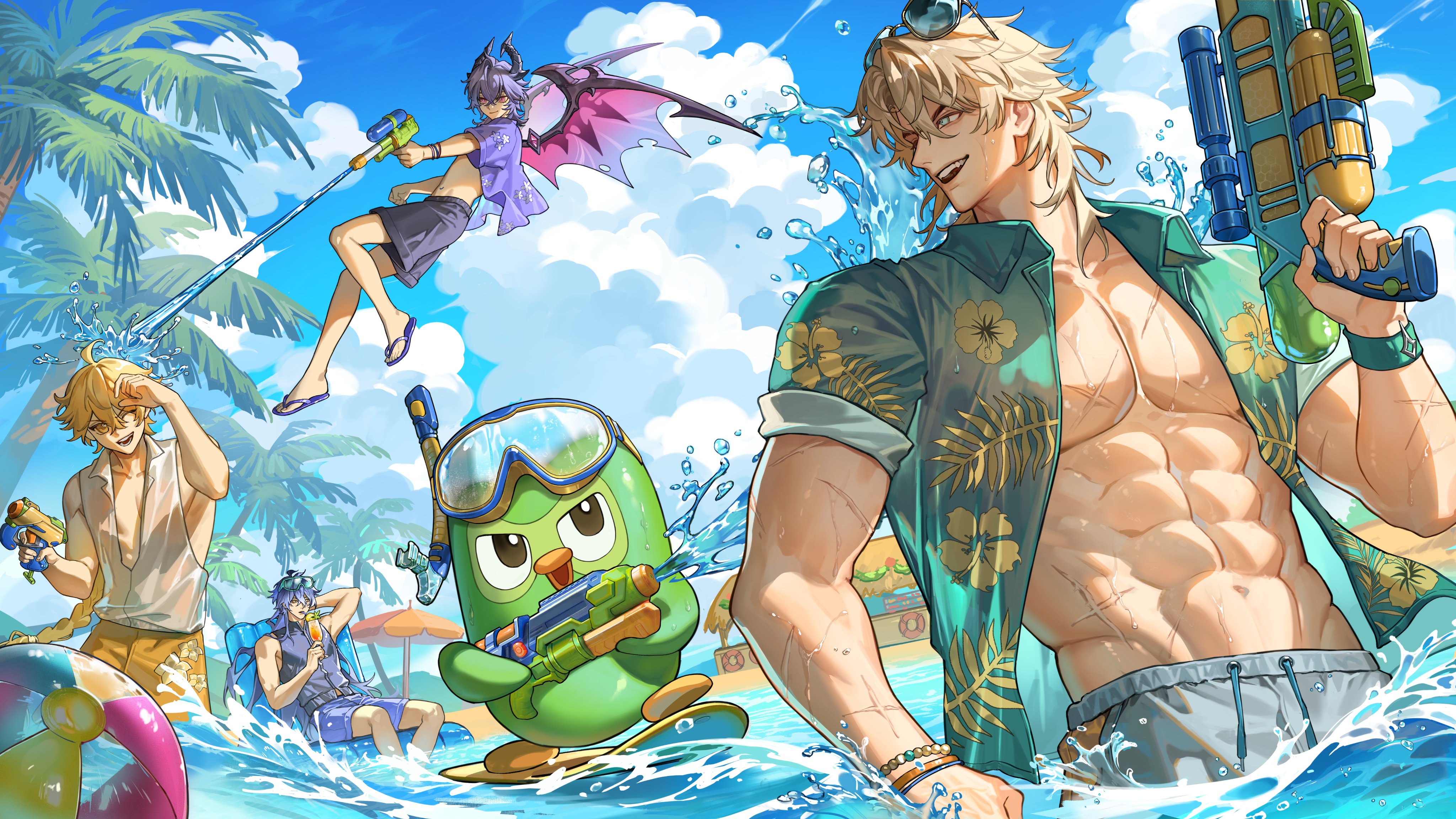 muoi, aether (genshin impact), duo (duolingo), flins (genshin impact), mini durin (genshin impact), mini durin (human) (genshin impact), varka (genshin impact), duolingo, genshin impact, absurdres, highres, 4boys, aqua shirt, black male swimwear, blonde hair, blue hair, blue male swimwear, closed mouth, dragon horns, dragon wings, eyewear on head, floral print shirt, goggles, goggles on head, grey male swimwear, holding, holding water gun, horns, long hair, male focus, male swimwear, multiple boys, one eye closed, open clothes, open mouth, open shirt, purple hair, purple shirt, sandals, shirt, upper body, water, water gun, wings