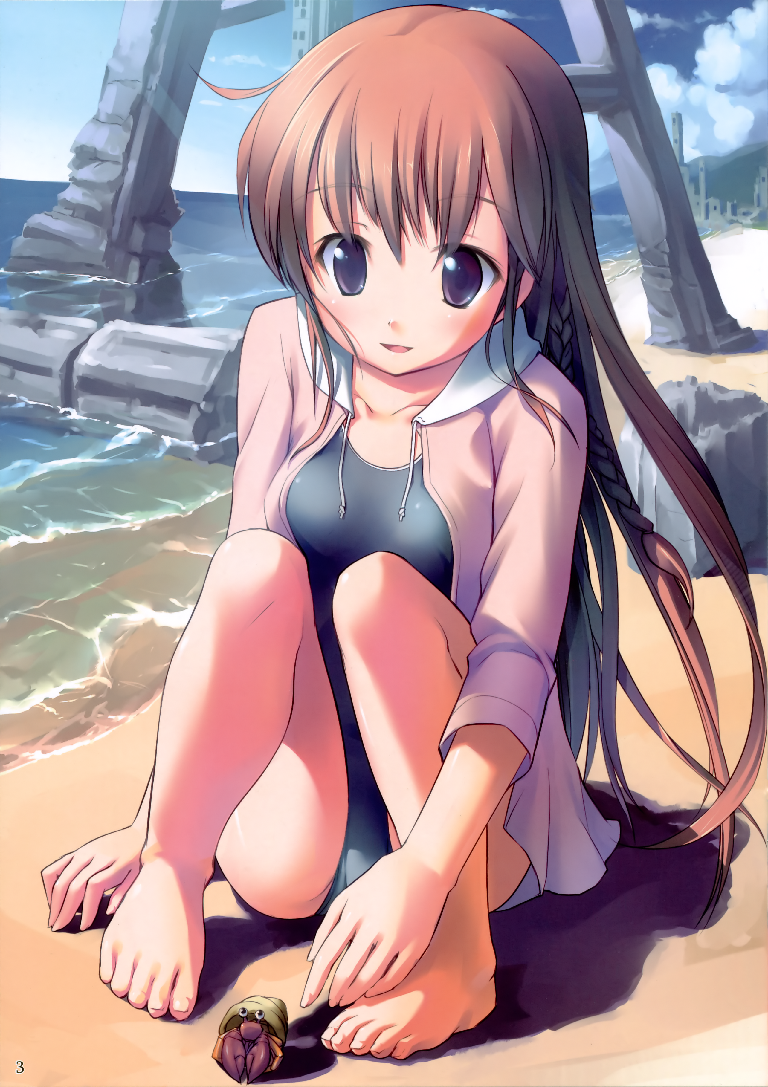 takoyaki (roast), original, absurdres, highres, scan, 1girl, barefoot, beach, braid, cloud, day, feet, female focus, hands on feet, hood, hooded jacket, jacket, long hair, ocean, one-piece swimsuit, outdoors, red hair, sitting, sky, solo, swimsuit, swimsuit under clothes, toes, very long hair, water
