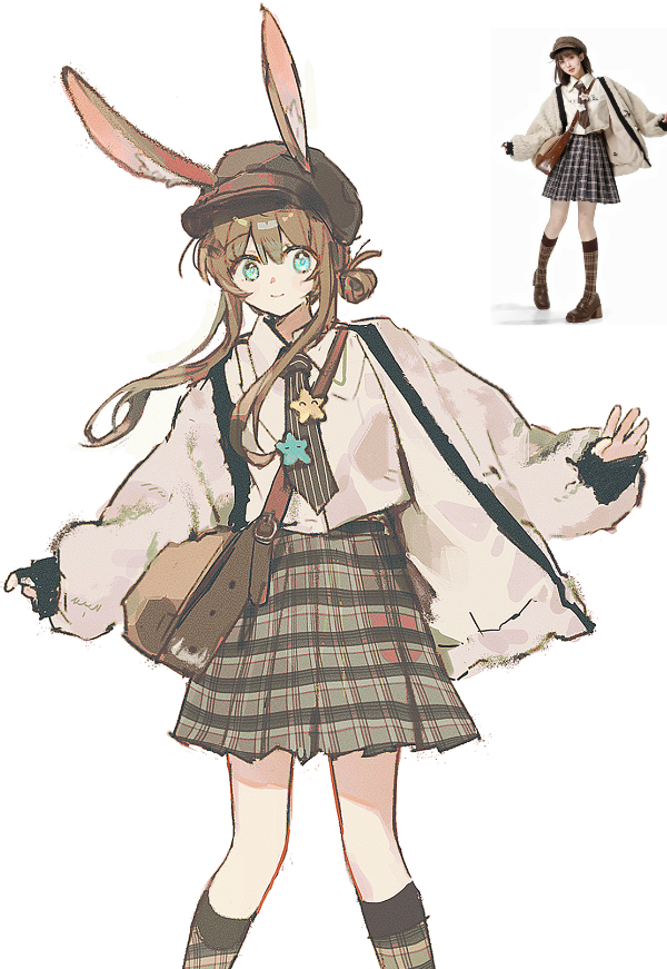 dr janglong, amiya (arknights), arknights, 2girls, animal ear fluff, animal ears, bag, black hat, black necktie, blue eyes, brown hair, brown skirt, closed mouth, collared shirt, dress shirt, ears through headwear, feet out of frame, hair bun, hat, jacket, long hair, long sleeves, multiple girls, necktie, newsboy cap, open clothes, open jacket, plaid clothes, plaid skirt, plaid socks, puffy long sleeves, puffy sleeves, rabbit ears, reference inset, shirt, shoulder bag, simple background, single side bun, skirt, sleeves past wrists, smile, socks, standing, striped clothes, vertical-striped clothes, vertical-striped necktie, very long hair, white background, white jacket, white shirt