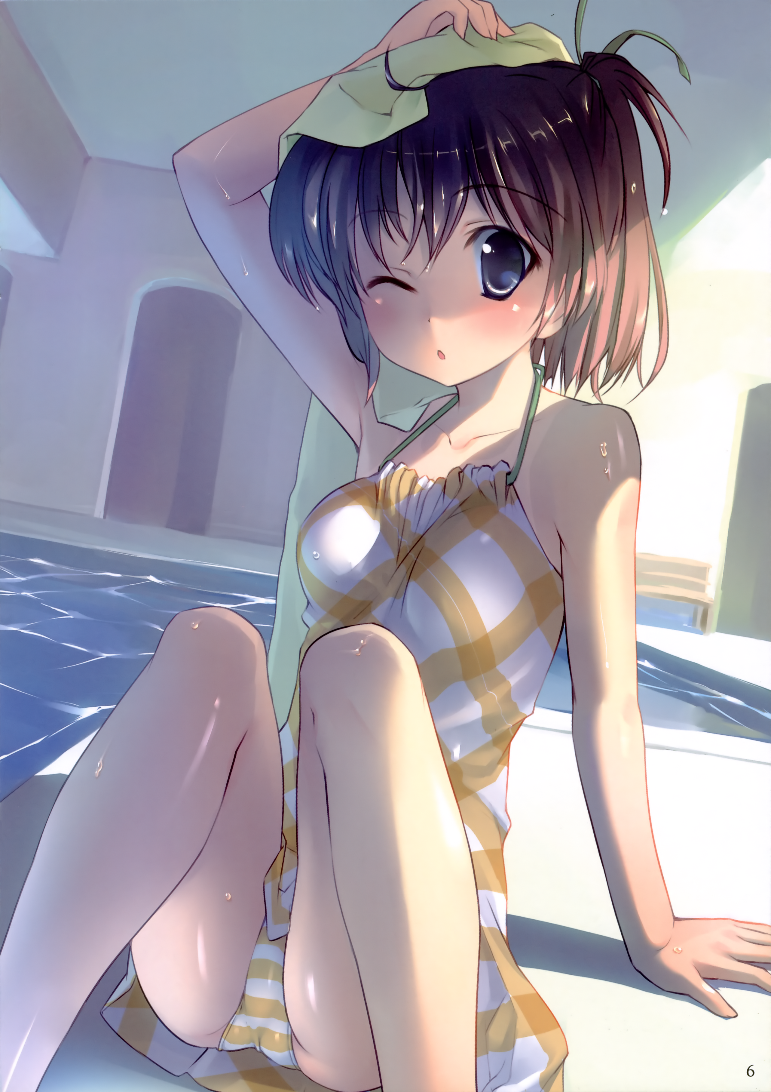 takoyaki (roast), striped, absurdres, highres, 1girl, ;o, arm support, bench, blue eyes, brown hair, casual one-piece swimsuit, dress, dutch angle, female focus, halterneck, indoors, one-piece swimsuit, one eye closed, plaid clothes, plaid dress, pool, poolside, shiny skin, sitting, solo, swimsuit, towel, towel on head, water, wet, wink