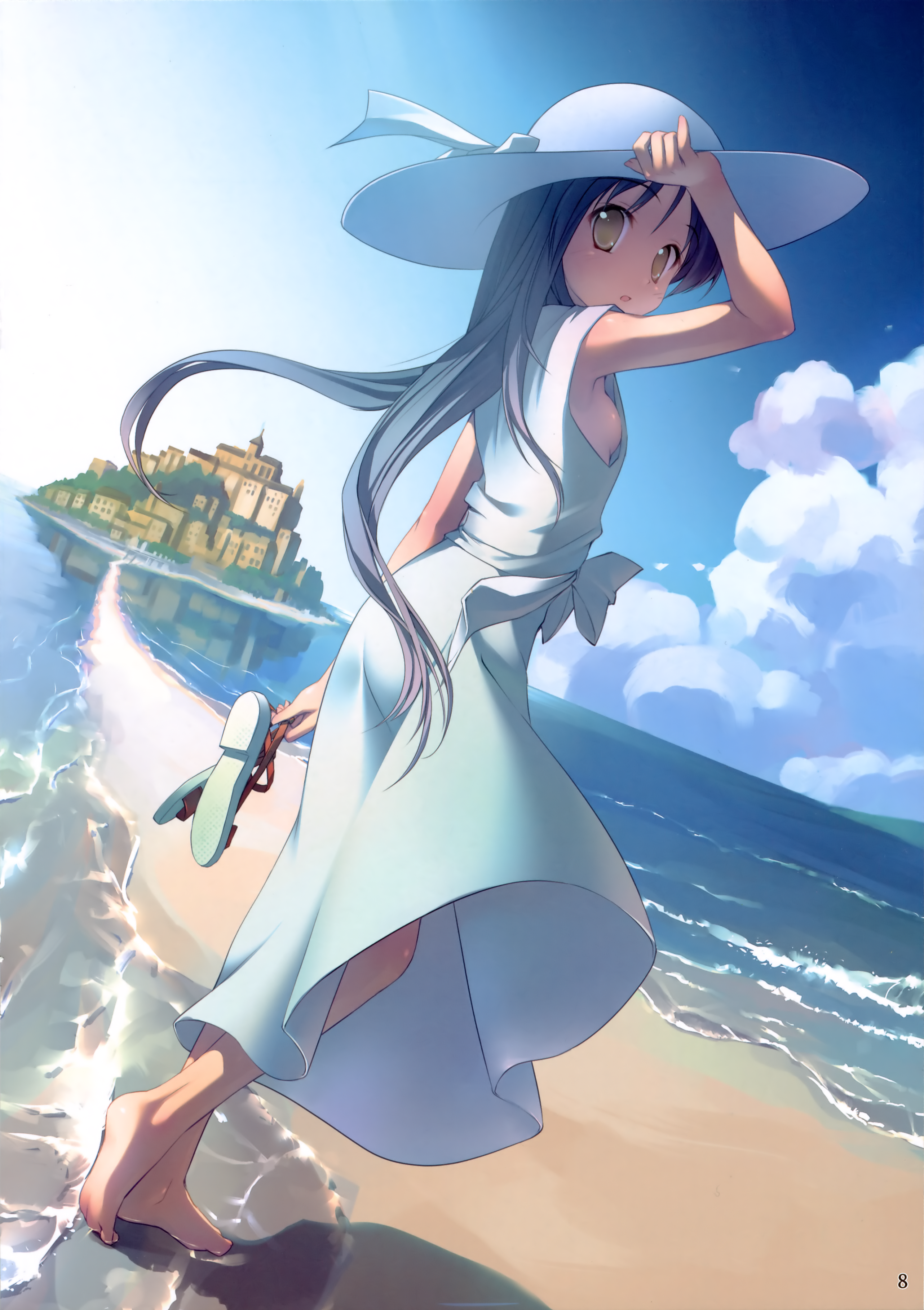takoyaki (roast), original, absurdres, highres, 1girl, armpits, barefoot, beach, black hair, breasts, brown eyes, cloud, day, dress, dutch angle, feet, female focus, from side, hand on headwear, hat, holding, holding shoes, holding unworn clothes, long hair, looking back, mont st-michel, no bra, ocean, outdoors, sandals, shoes, sideboob, sky, small breasts, solo, sun hat, sundress, town, unworn shoes, water