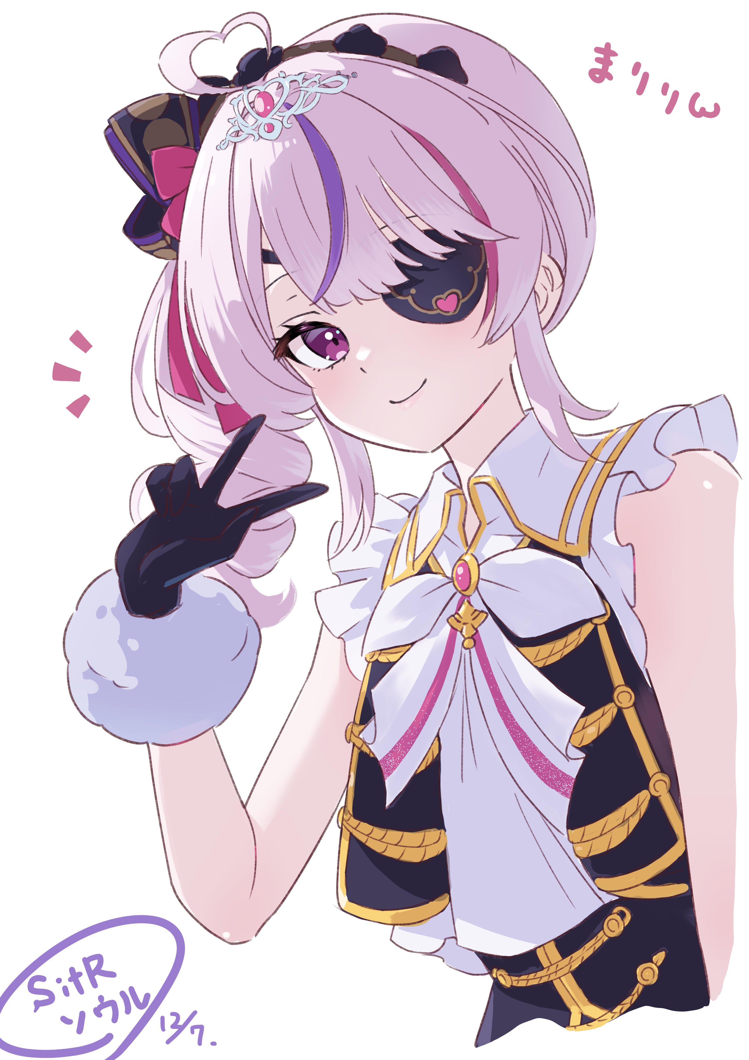 cagasyo, maria marionette, nijisanji, nijisanji en, absurdres, commentary, hashtag-only commentary, highres, symbol-only commentary, 1girl, ahoge, black gloves, bow, character name, closed mouth, cropped torso, dated, dress, eyepatch, frilled dress, frills, gloves, heart, heart ahoge, looking at viewer, multicolored hair, nijisanji idol uniform, notice lines, pink hair, purple eyes, purple hair, side ponytail, simple background, sleeveless, smile, solo, streaked hair, v, virtual youtuber, white background