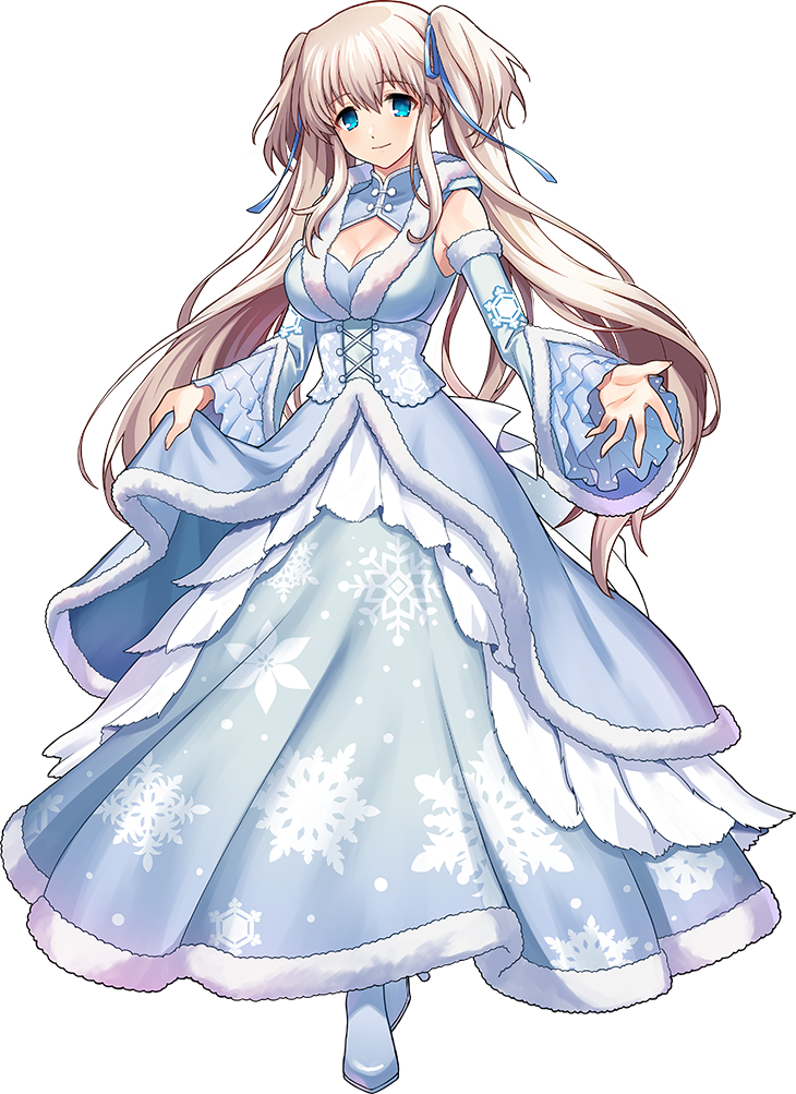 nao (mabinogi), mabinogi, nexon, artist request, official art, second-party source, 1girl, bare shoulders, blue bustier, blue coat, blue corset, blue eyes, blue hood, blue ribbon, blue shoes, blue skirt, blue sleeves, blue theme, breasts, bustier, cleavage, closed mouth, coat, coat lift, corset, cross-laced clothes, cross-laced corset, dot nose, full body, fur-trimmed coat, fur-trimmed hood, fur-trimmed skirt, fur-trimmed sleeves, fur trim, hair ribbon, hood, hood down, hooded coat, lace-trimmed corset, lace trim, large breasts, layered sleeves, light blush, long hair, long sidelocks, long skirt, long sleeves, looking at viewer, no pupils, outstretched arm, outstretched hand, print corset, print skirt, print sleeves, ribbon, shoes, sidelocks, simple background, skirt, smile, snowflake print, solo, straight hair, transparent background, twintails, two side up, very long hair, white hair, wide sleeves, winter clothes