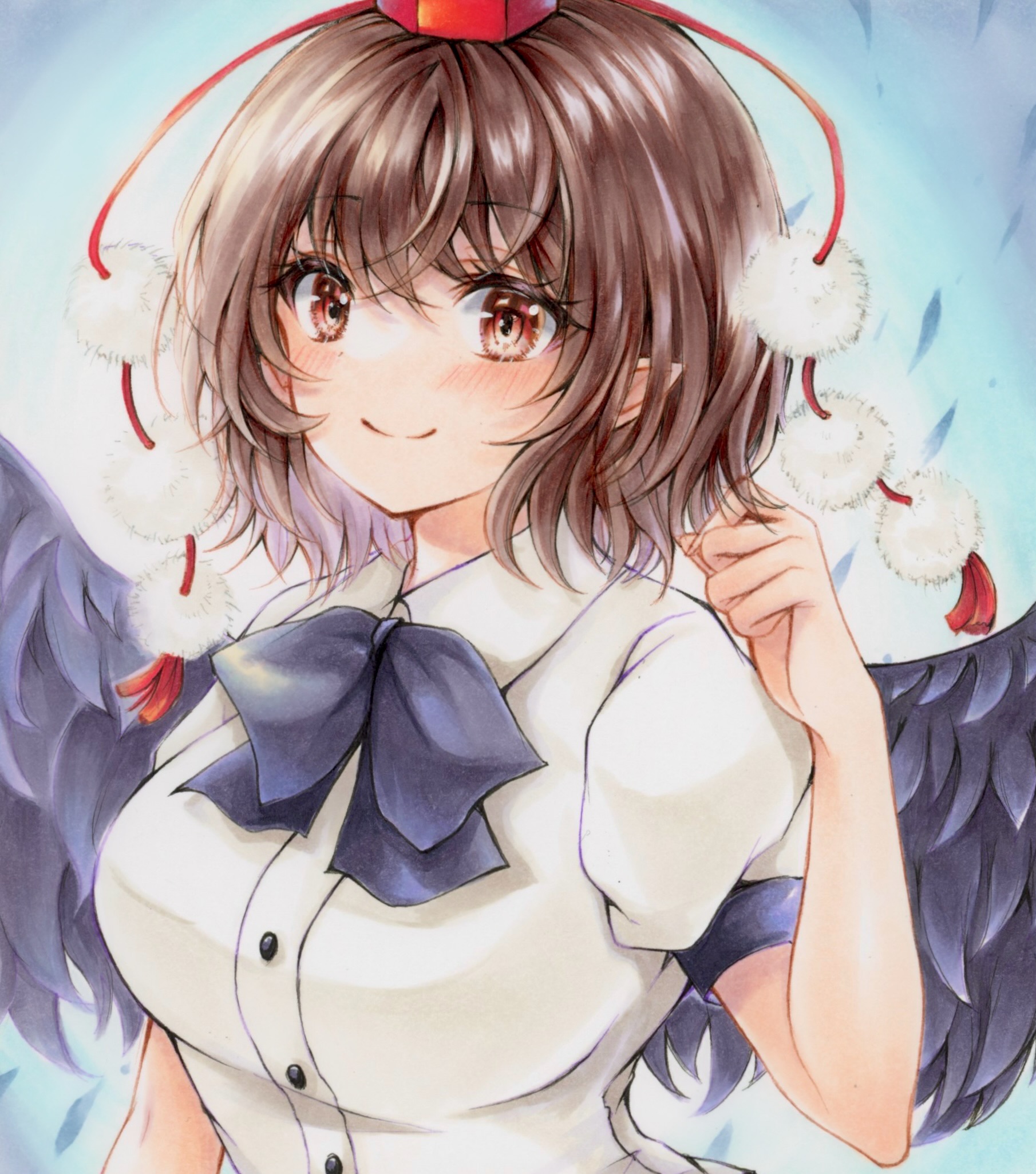 2424yume, shameimaru aya, touhou, commentary, highres, marker (medium), traditional media, 1girl, bird wings, black bow, black bowtie, black wings, blush, bow, bowtie, breasts, brown hair, closed mouth, collared shirt, hat, looking at viewer, pointy ears, pom pom (clothes), puffy short sleeves, puffy sleeves, red eyes, red hat, shirt, short sleeves, smile, solo, tokin hat, white shirt, wings
