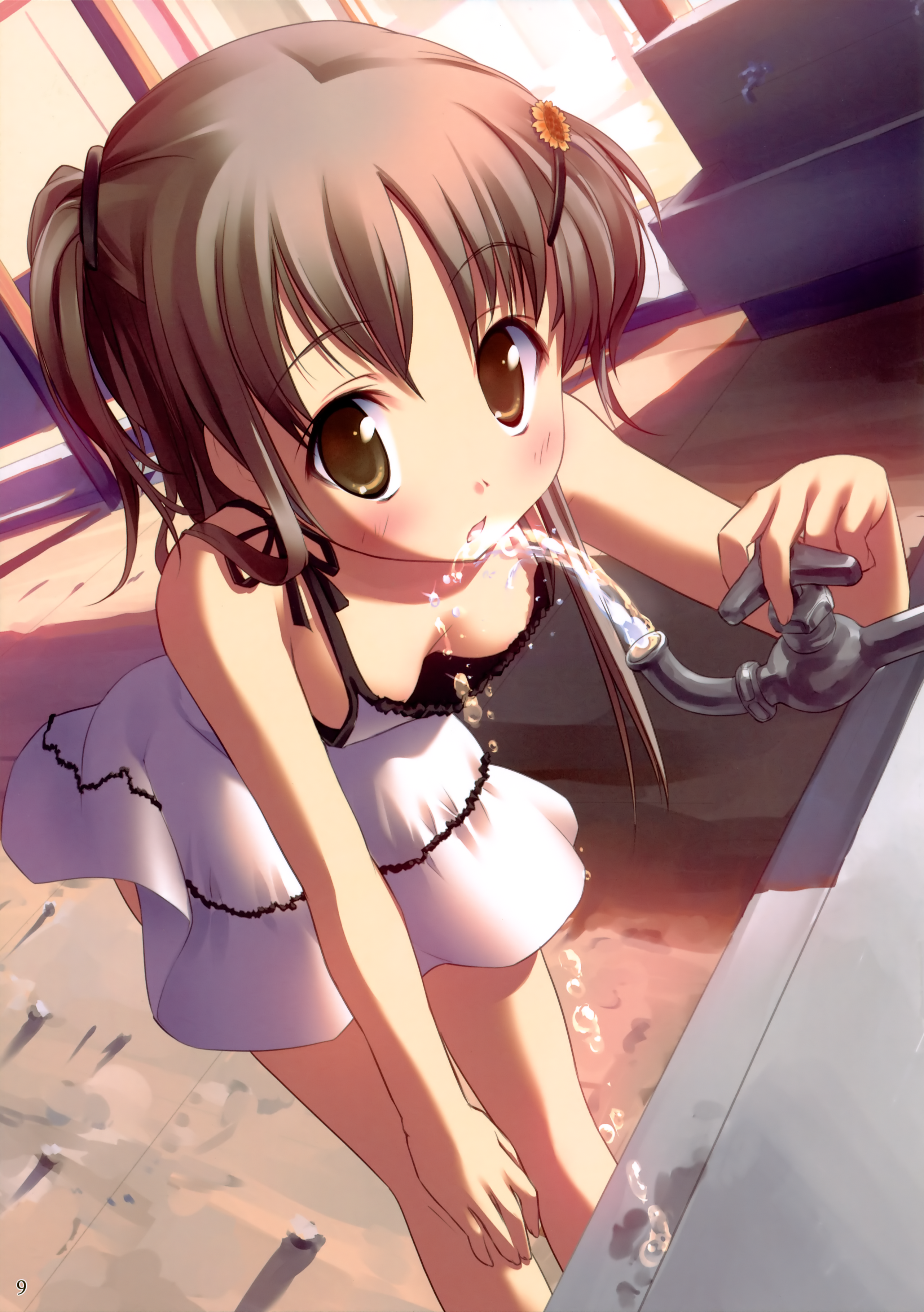 takoyaki (roast), eyebrows, absurdres, highres, 1girl, blush, breasts, brown eyes, brown hair, cleavage, downblouse, dress, drinking, drinking fountain, faucet, female focus, flower, fountain, hair flower, hair ornament, hand on own knee, leaning forward, medium breasts, no bra, ponytail, sleeveless, solo, water