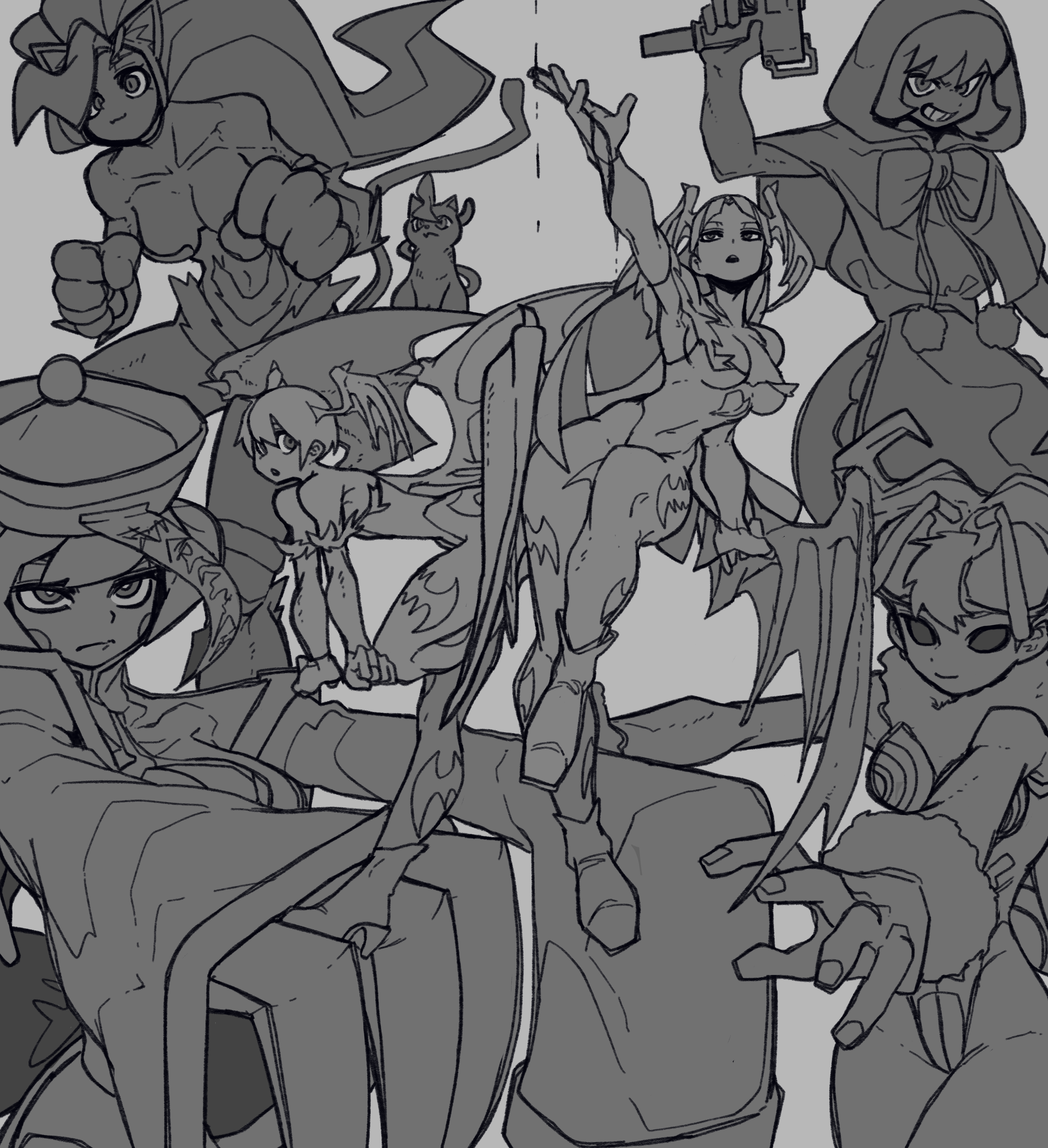 bone nigi, b.b. hood, felicia (darkstalkers), hsien-ko, lilith (darkstalkers), morrigan aensland, q-bee, darkstalkers, absurdres, character request, check character, commentary request, highres, 6+girls, animal ears, animal print, arm up, bat print, breasts, cat, cat ears, cat girl, cat tail, cleavage, closed mouth, greyscale, grin, gun, hat, holding, holding gun, holding weapon, jiangshi, large breasts, leotard, long sleeves, monochrome, multiple girls, outstretched arms, pantyhose, short hair, small breasts, smile, tail, teeth, weapon, zombie pose