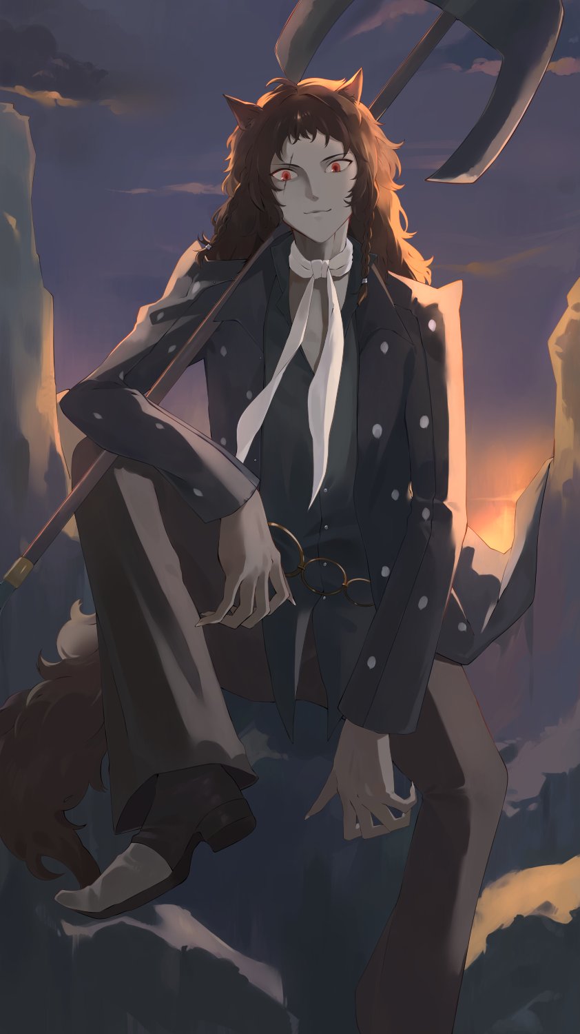 konchi (63438789), basilio (metaphor: refantazio), metaphor: refantazio, commentary request, highres, 1boy, animal ears, axe, black jacket, black pants, black shoes, brown hair, cloud, colored skin, grey skin, holding, holding axe, holding weapon, jacket, long hair, long sleeves, male focus, outdoors, pants, red eyes, scar, scar across eye, scar on face, shoes, solo, tail, weapon