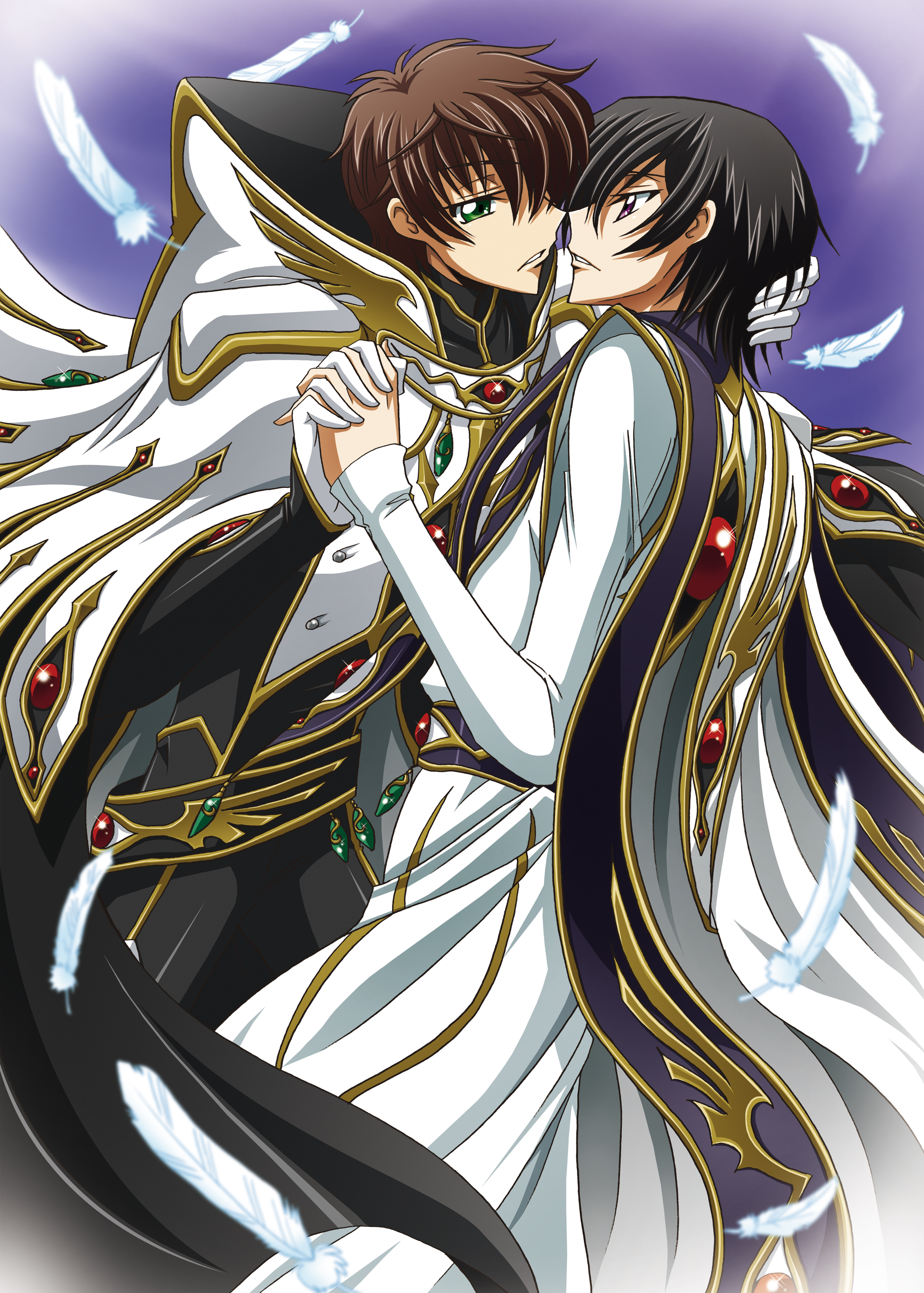 tsunoda uei, kururugi suzaku, lelouch vi britannia, code geass, absurdres, highres, 00s, 2boys, cape, feathers, male focus, multiple boys, yaoi