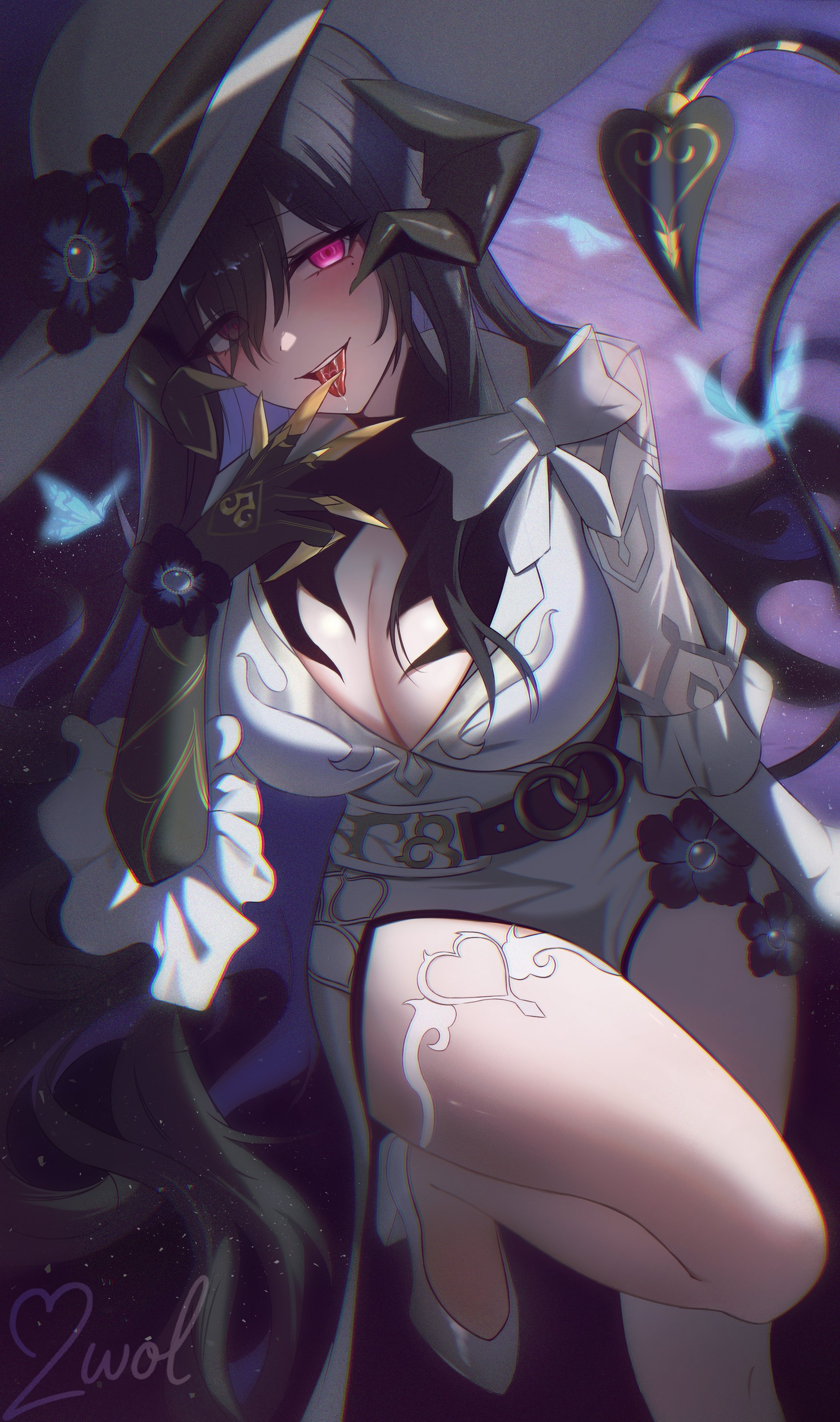 2wol0207 february, constance (honkai: star rail), honkai: star rail, honkai (series), absurdres, hashtag-only commentary, highres, 1girl, asymmetrical gloves, belt, black flower, black hair, blush, bow, breasts, cleavage, colored inner hair, demon horns, demon tail, dress, finger to mouth, flower, gloves, hat, high heels, horns, large breasts, mismatched gloves, mole, mole under eye, multicolored hair, red eyes, saliva, sun hat, tail, thigh strap, thighs, tongue, tongue out, white dress