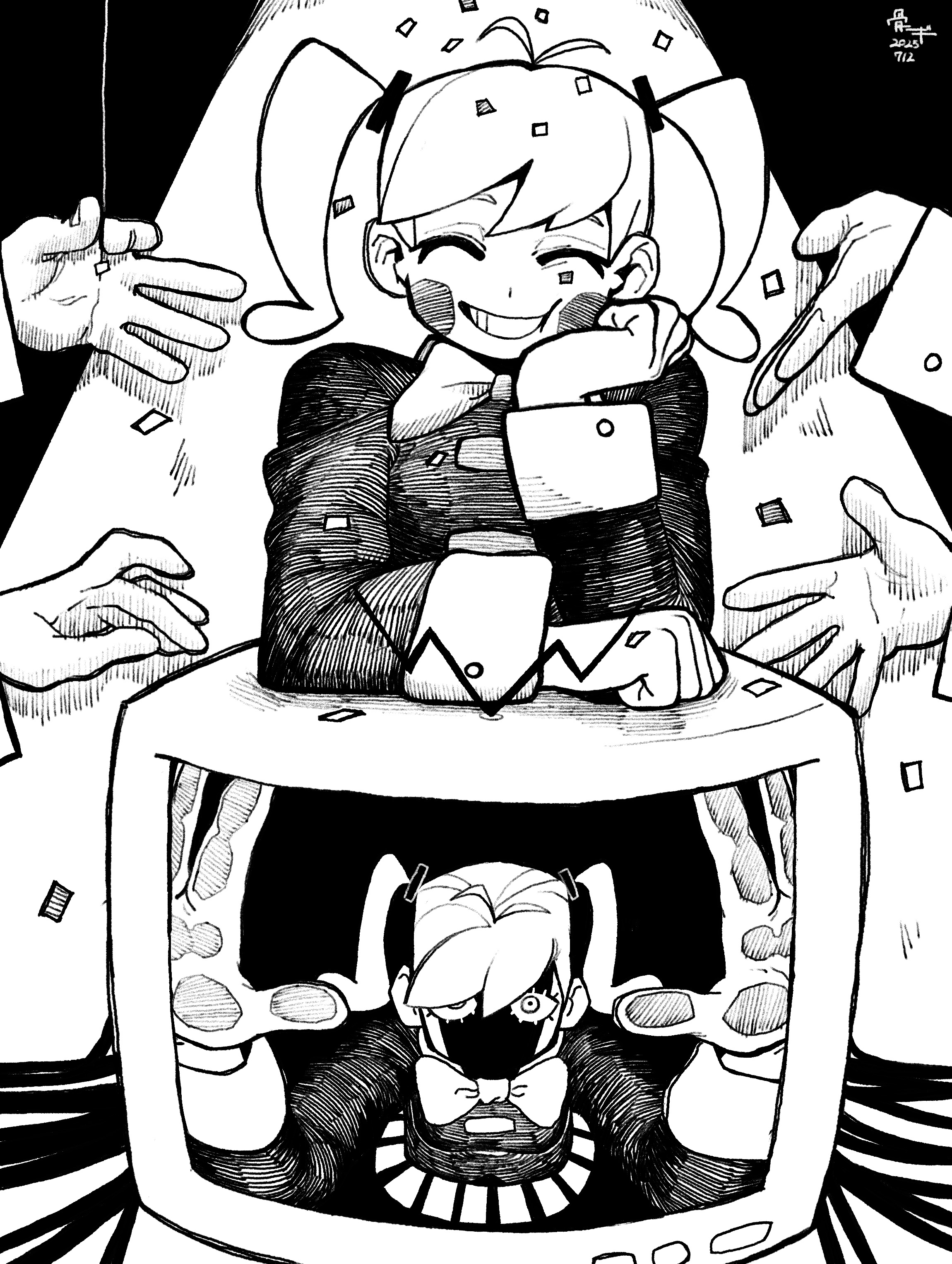 bone nigi, hatsune miku, static (vocaloid), vocaloid, absurdres, commentary request, highres, 2girls, antenna hair, blush, bow, bowtie, closed eyes, confetti, greyscale, grin, long sleeves, monochrome, multiple girls, open mouth, short hair, short twintails, smile, teeth, twintails