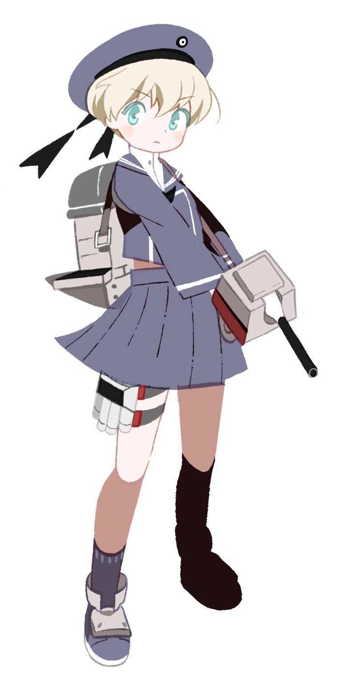 tanba (tanba-art), z1 leberecht maass (kancolle), kantai collection, commentary request, highres, 1girl, black socks, blonde hair, blue eyes, blue hat, full body, hat, long sleeves, pleated skirt, sailor collar, sailor hat, short hair, simple background, skirt, socks, solo, standing, white background