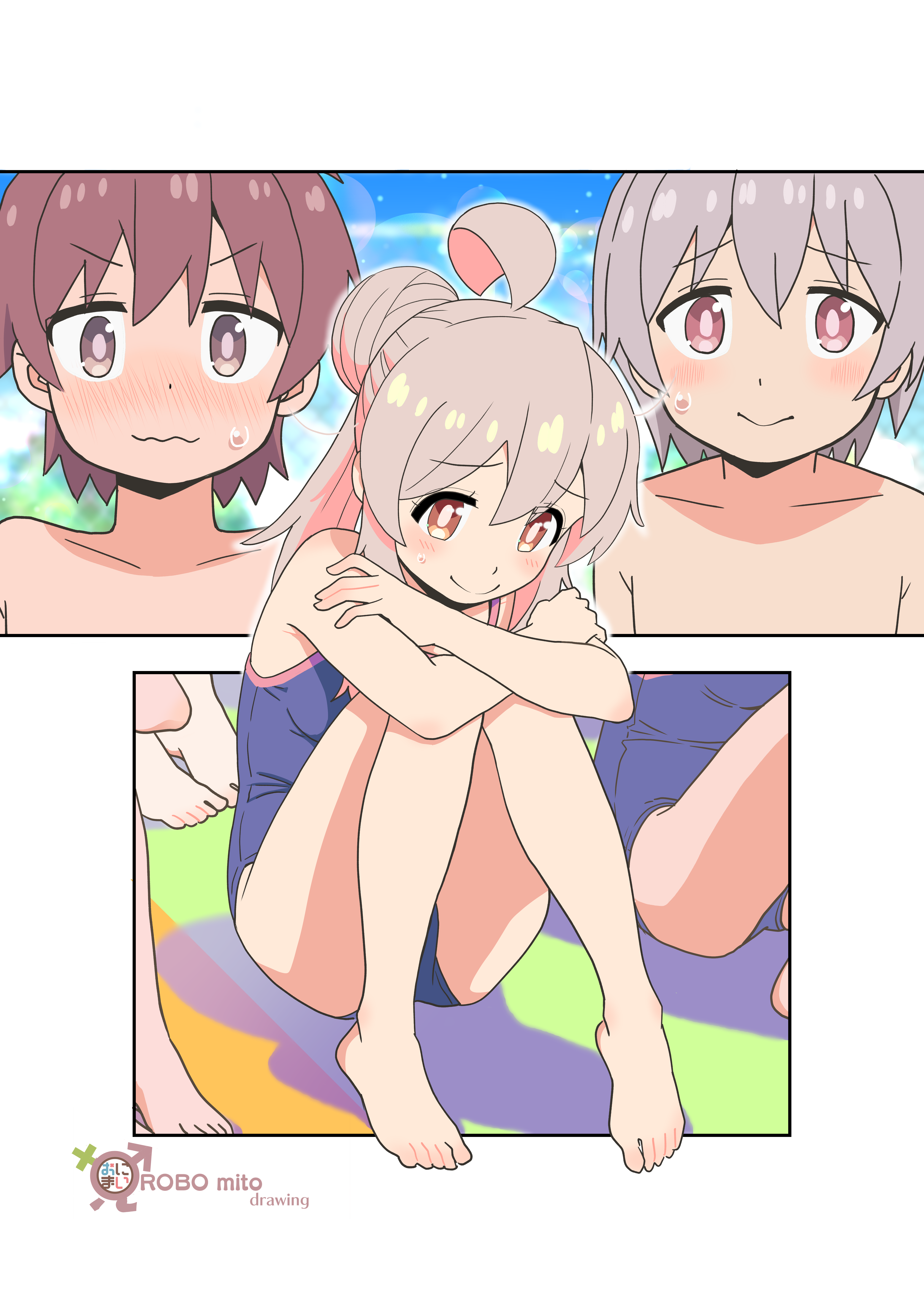 robomito, oyama mahiro, sakurada yuuta, senkawa minato, onii-chan wa oshimai!, absurdres, commentary, highres, 1girl, 2boys, ahoge, bare arms, bare legs, bare shoulders, barefoot, blue one-piece swimsuit, blush, brown eyes, brown hair, feet, genderswap, genderswap (mtf), grey hair, hair bun, hugging own legs, multicolored hair, multiple boys, nose blush, one-piece swimsuit, pink hair, sitting, smile, sweatdrop, swimsuit, toes, two-tone hair, wavy mouth