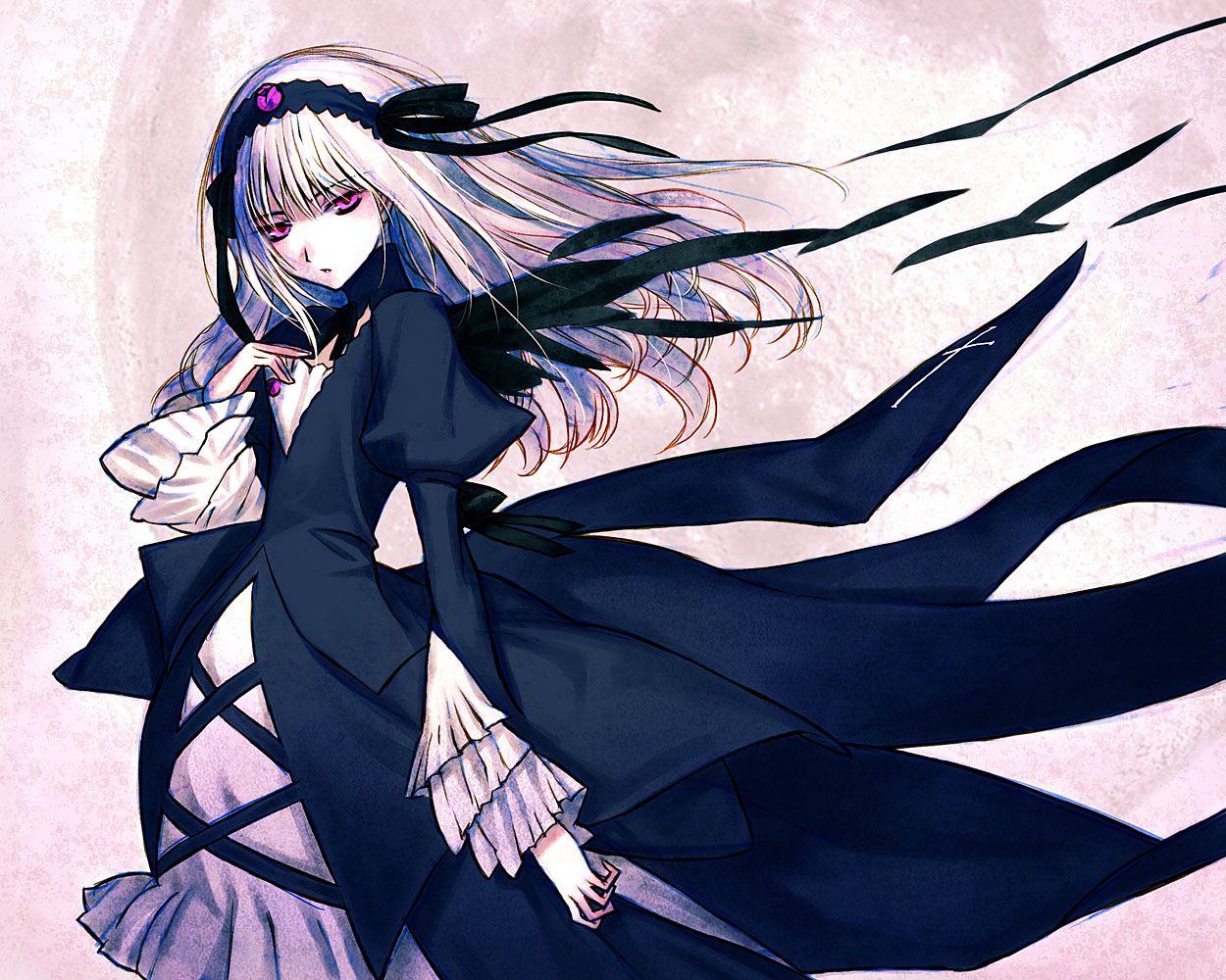 sakamoto mineji, suigintou, rozen maiden, silver hair, 00s, 1girl, dress, female focus, hairband, long hair, purple eyes, solo