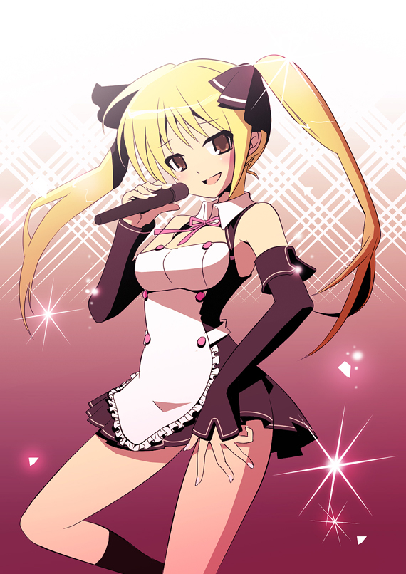 dragon-nee, mian (dream c club), dream c club, dream c club (series), 1girl, blonde hair, breasts, brown eyes, detached sleeves, female focus, large breasts, microphone, music, singing, socks, solo, twintails