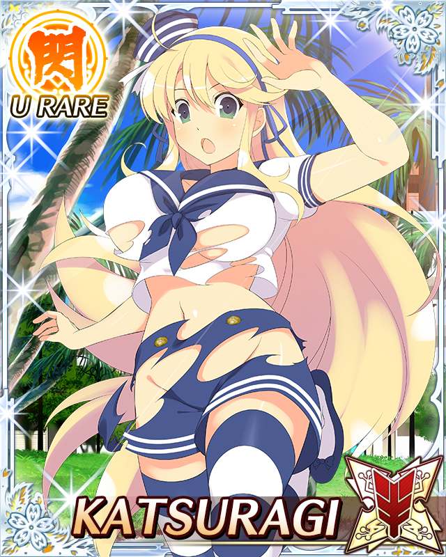 katsuragi (senran kagura), senran kagura, senran kagura new wave, game cg, official art, third-party source, 1girl, :o, arm up, blonde hair, blue neckerchief, blue ribbon, blue sailor collar, border, breasts, card (medium), character name, day, green eyes, groin, hair ribbon, hat, large breasts, long hair, navel, neckerchief, palm tree, ribbon, sailor collar, sailor hat, solo, standing, standing on one leg, striped clothes, striped thighhighs, thighhighs, torn clothes, tree, very long hair